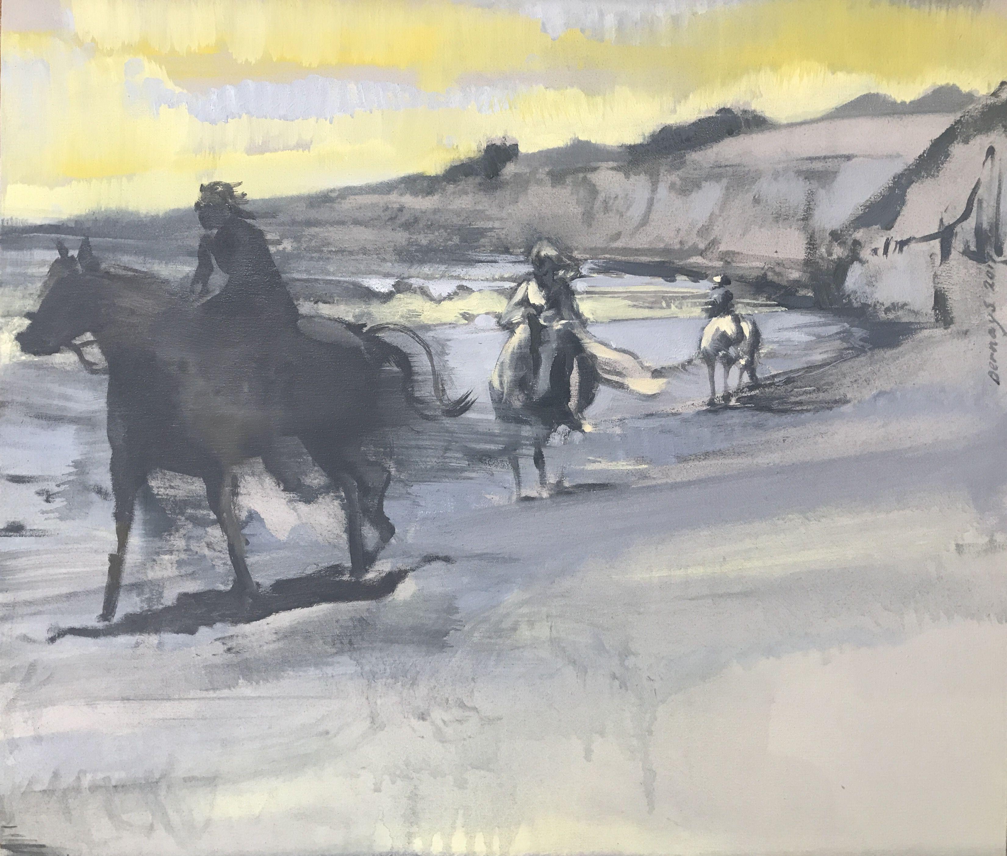 Chevaux blancs et queues de jument, Whiting, huile sur toile - Painting de Amy Bernays