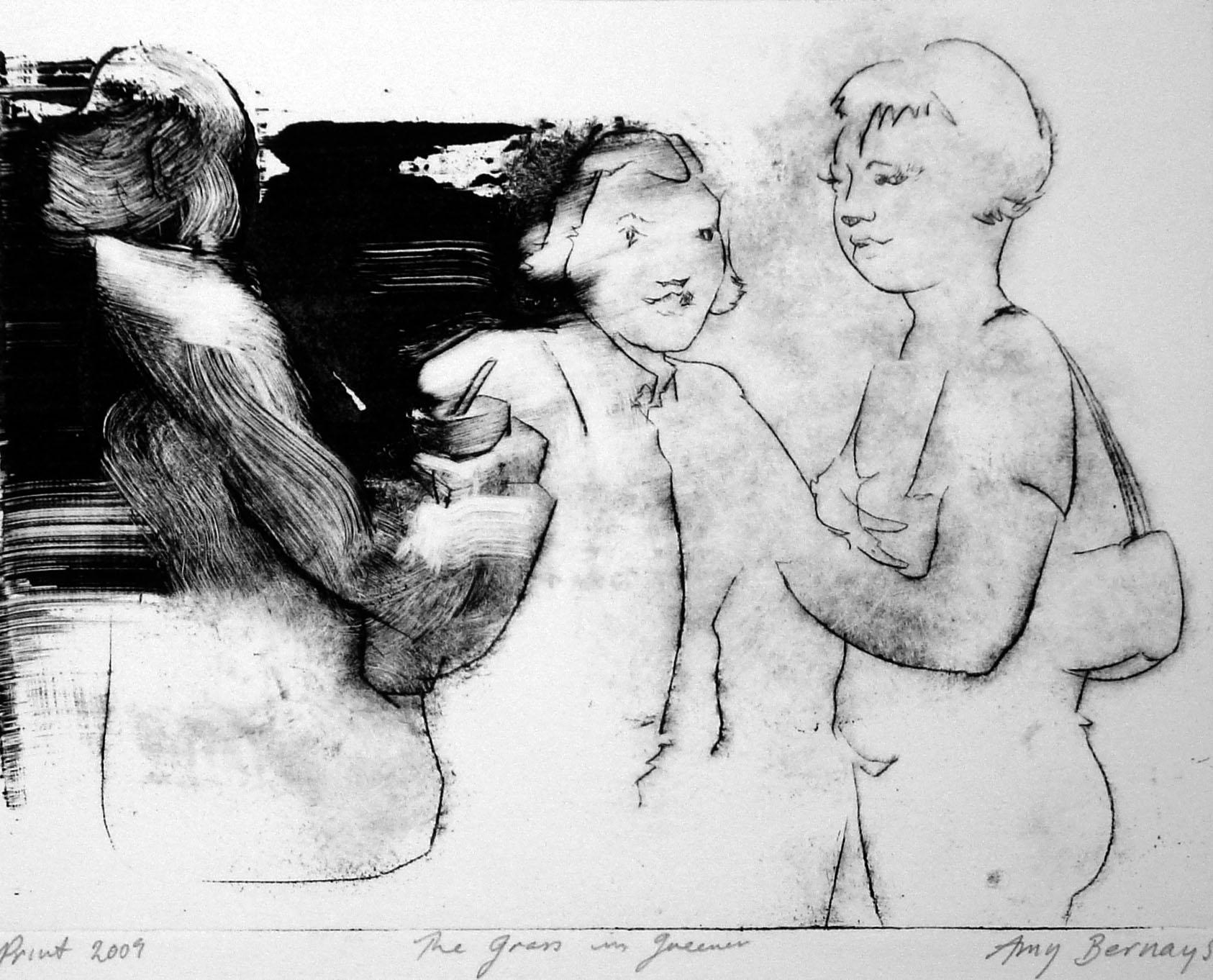 The Grass Is Greener, œuvre imprimée à la main, gravure sur métal - Print de Amy Bernays