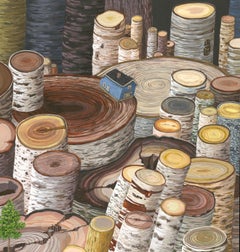 Amy Casey, acrylic painting, tiny houses, detailed, photo realist, trees, forest