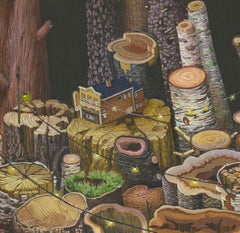 Amy Casey, acrylic painting, tiny houses, detailed, photo realist, trees, forest