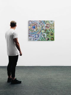 All Living Things Are Conscious - Abstraktes Blumenmuster Gemälde Blau Grün