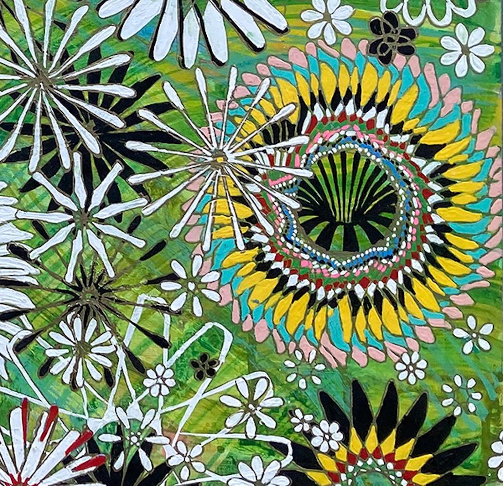All Living Things Are Conscious - Abstraktes Blumenmuster Gemälde Blau Grün im Angebot 2