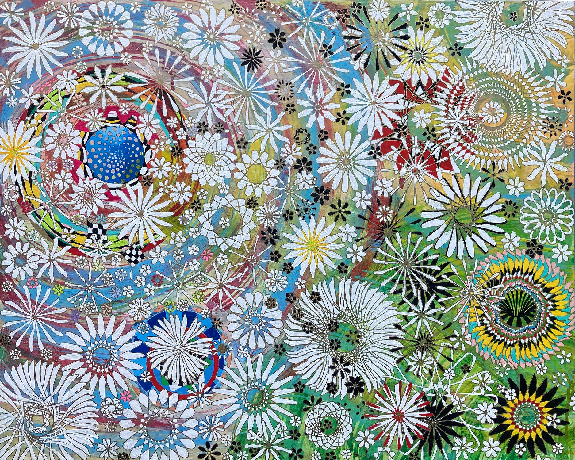 All Living Things Are Conscious - Abstraktes Blumenmuster Gemälde Blau Grün – Mixed Media Art von Amy Cheng