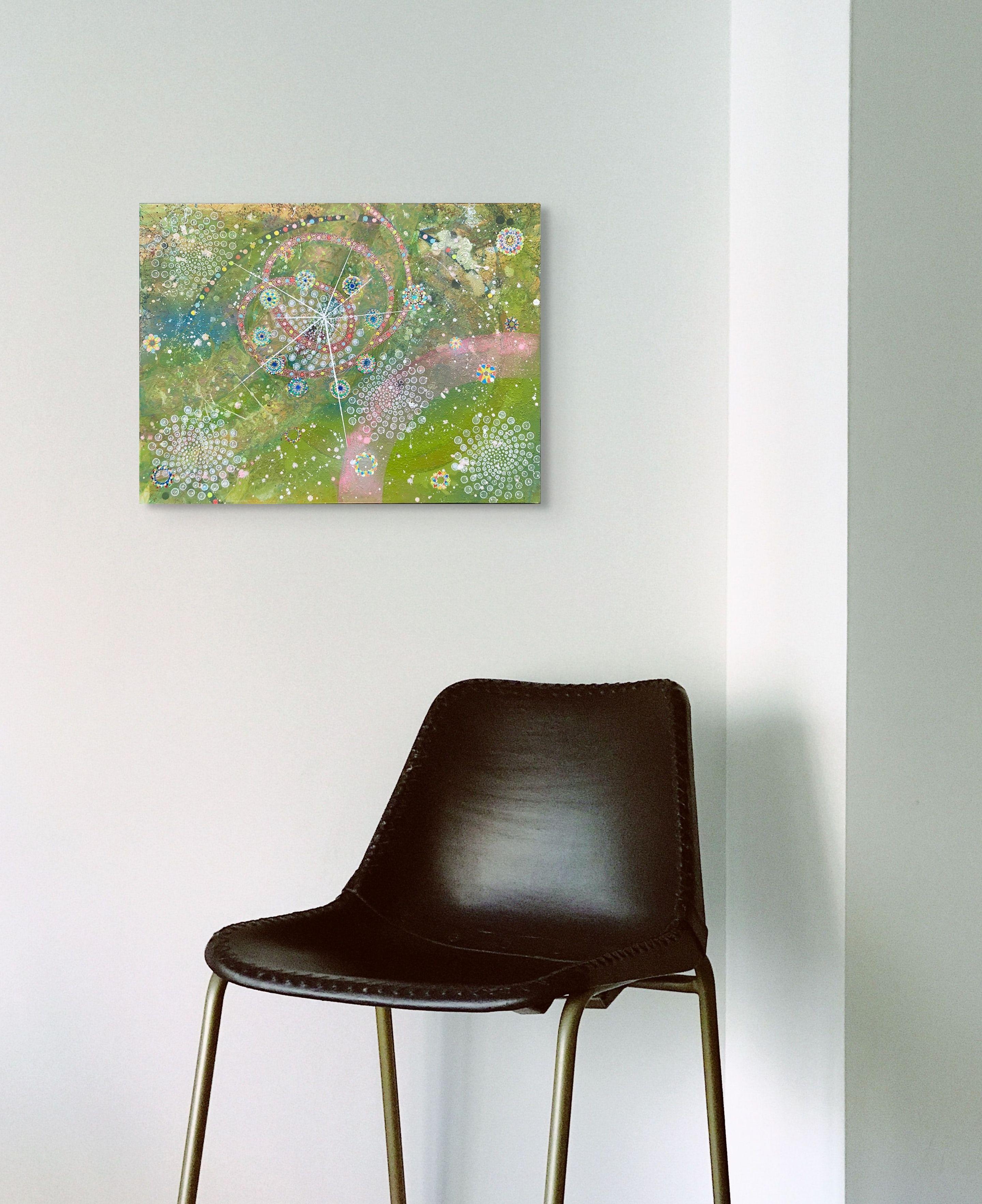 You Are Here, Vivid Abstract Cosmic Painting with Geometric Patterns - Brown Landscape Painting by Amy Cheng