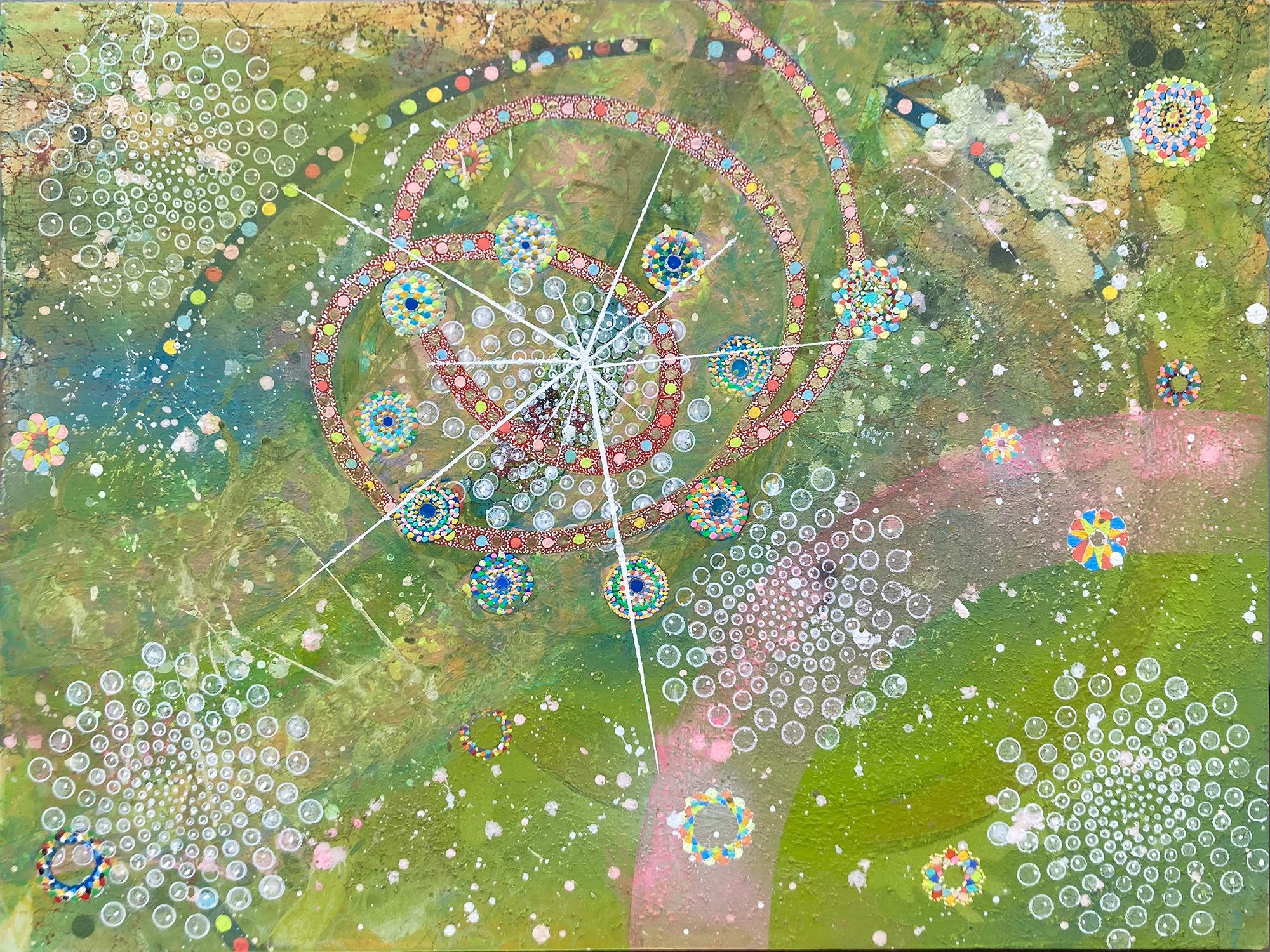 Amy Cheng Landscape Painting - You Are Here, Vivid Abstract Cosmic Painting with Geometric Patterns