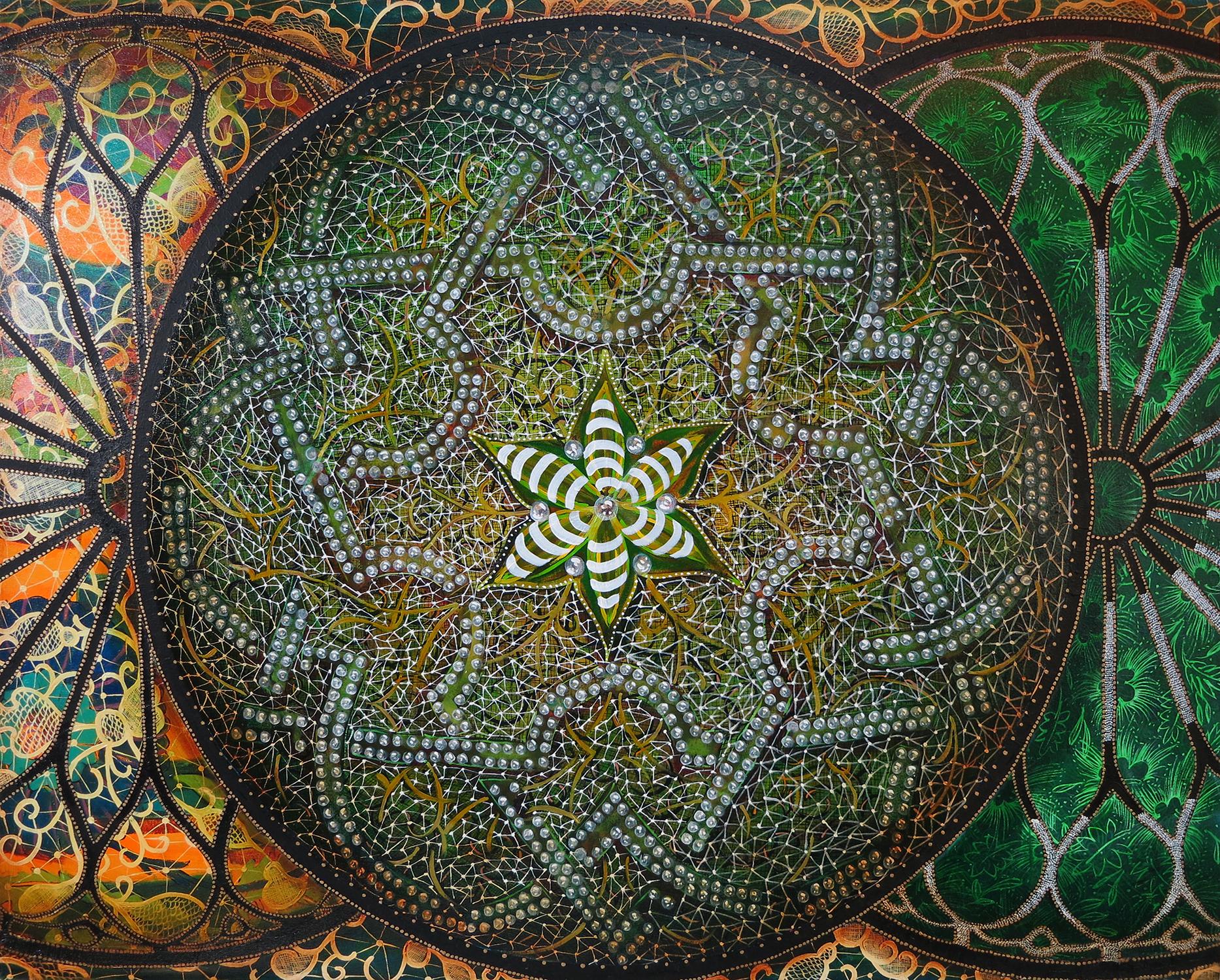 "In the Absence of a Grand Unified Field Theory" is one of a limited edition of 30 archival pigment prints of an original oil painting on canvas by Amy Cheng. It is part of a Mandala Series she produced in the 2010's. The central convex sphere