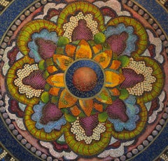 Amy Cheng, "Broaching the Subject, "  flower mandala blue & yellow pigment print