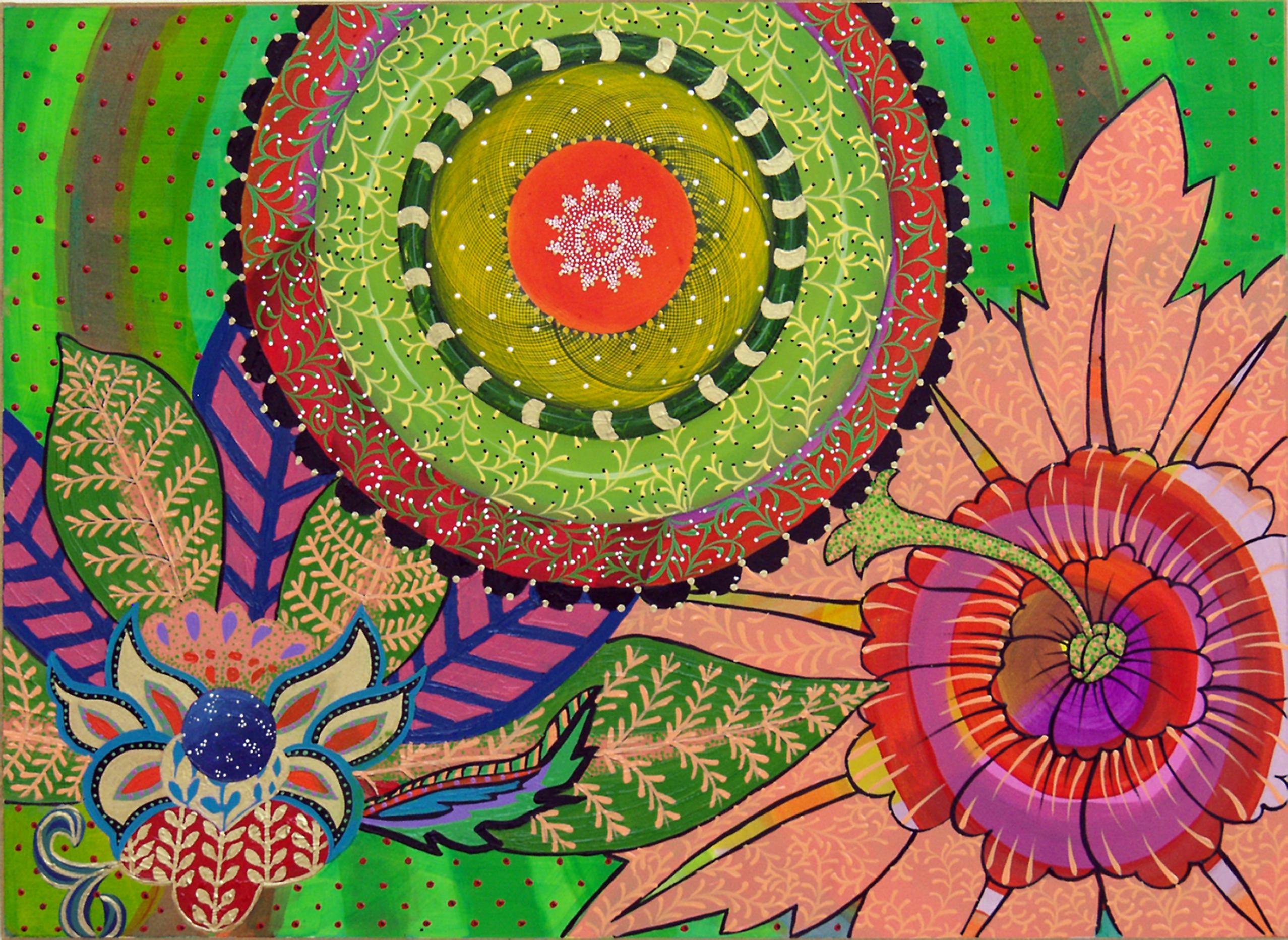 "Gorgeous With" is one of a limited edition of 30 archival pigment prints of an oil painting by Amy Cheng. The image is approachable,  ornamental, cheerful, and bright. This painting was made before the artist's Mandala series, which is
