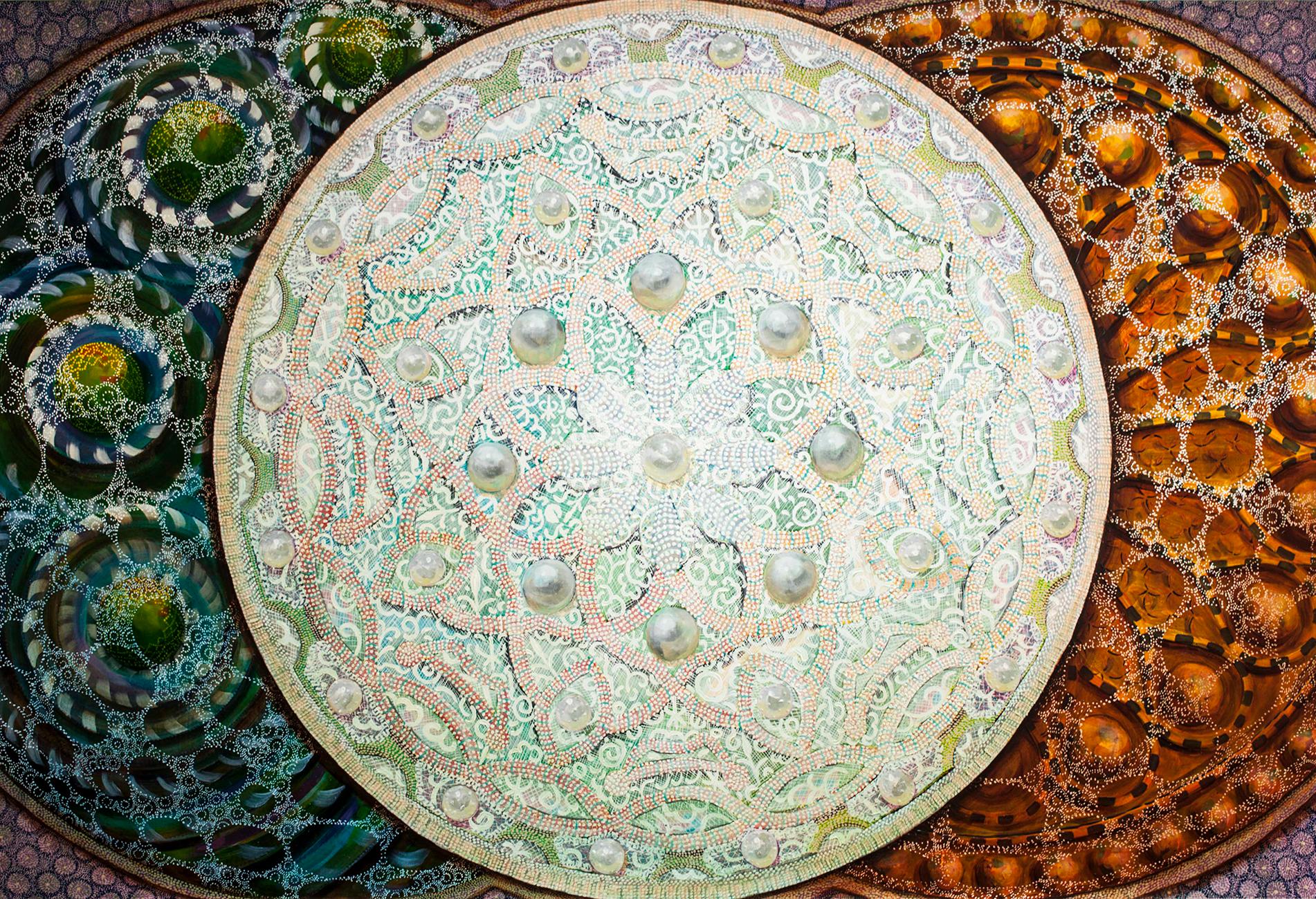 "Many Chambers" is one of a limited edition of 30 prints of an original oil painting by Amy Cheng, and it is part of a Mandala series the artist created in the 2010's. Sumptuous, intricate, ornamented, these oil prints are richly referential. They