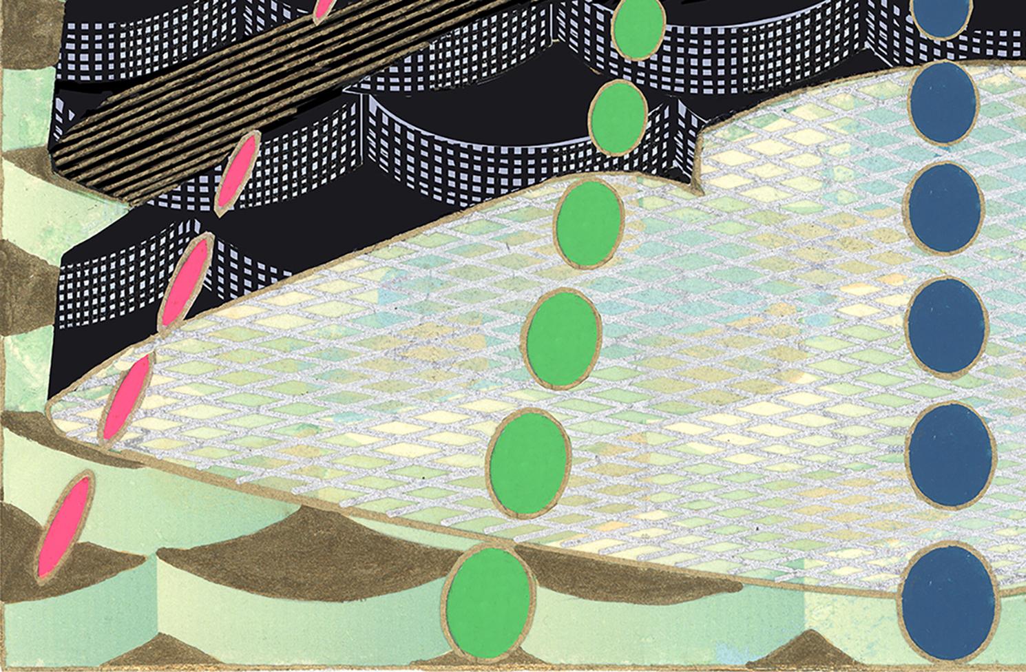 There is an Art Deco aspect to this abstract print which evocatively uses pattern, repetition, and ornamentation to create a stacked form that appears to levitate in front of a background constructed from gold and green wave-like forms. The image is