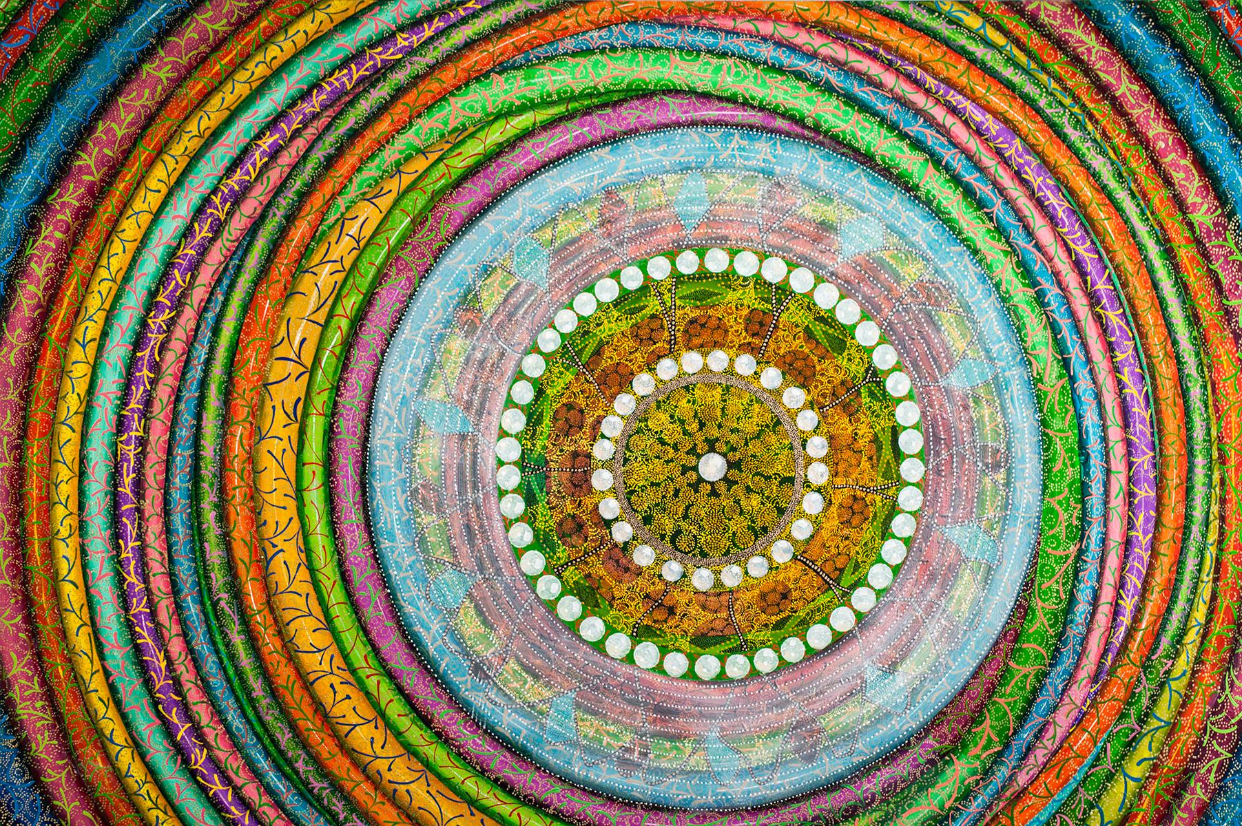 "WE SPIN A WORLD" is one of a limited edition of 30 prints of an original oil painting on canvas by Amy Cheng. The painting is part of a Mandala Series she produced in the 2010's. The image in this print features hula-hoop-like decorated tubular