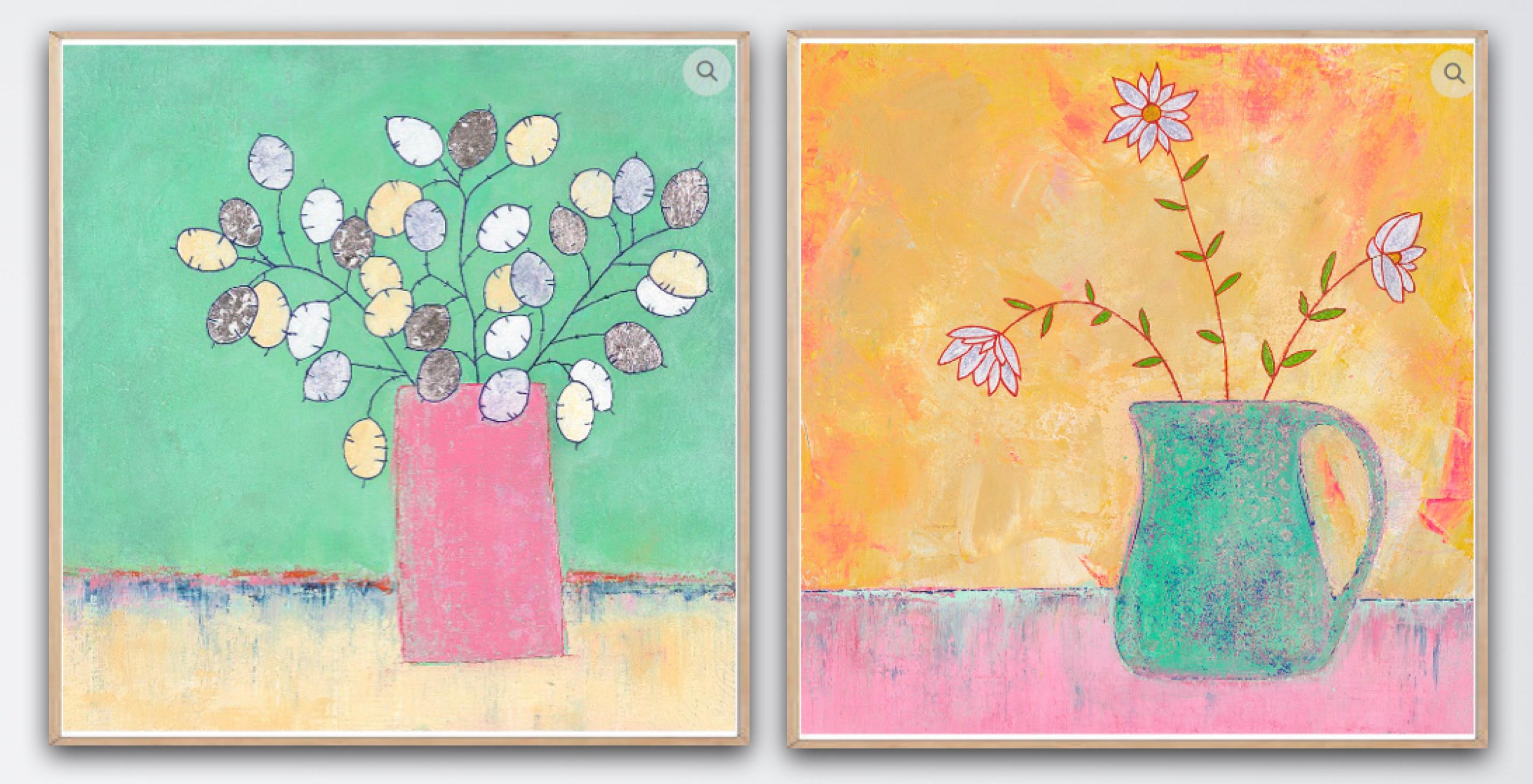 Honesty in a Pink Vase and Marguerites in a Green Jug diptych