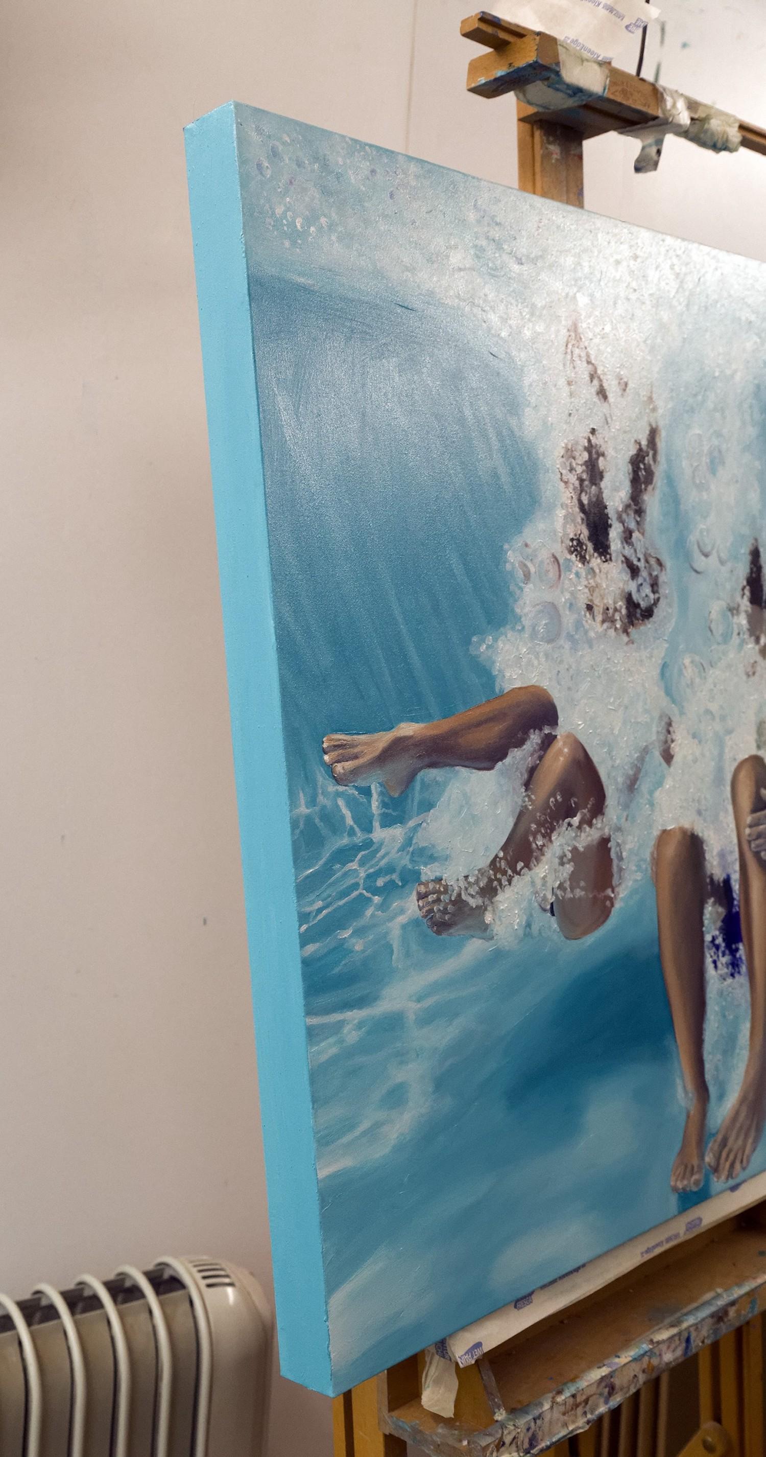 Bomba, Obra de arte de natación, Pintura figurativa, Pintura deportiva, Arte de casa de piscina - Landscape Painting Azul de Amy Devlin 