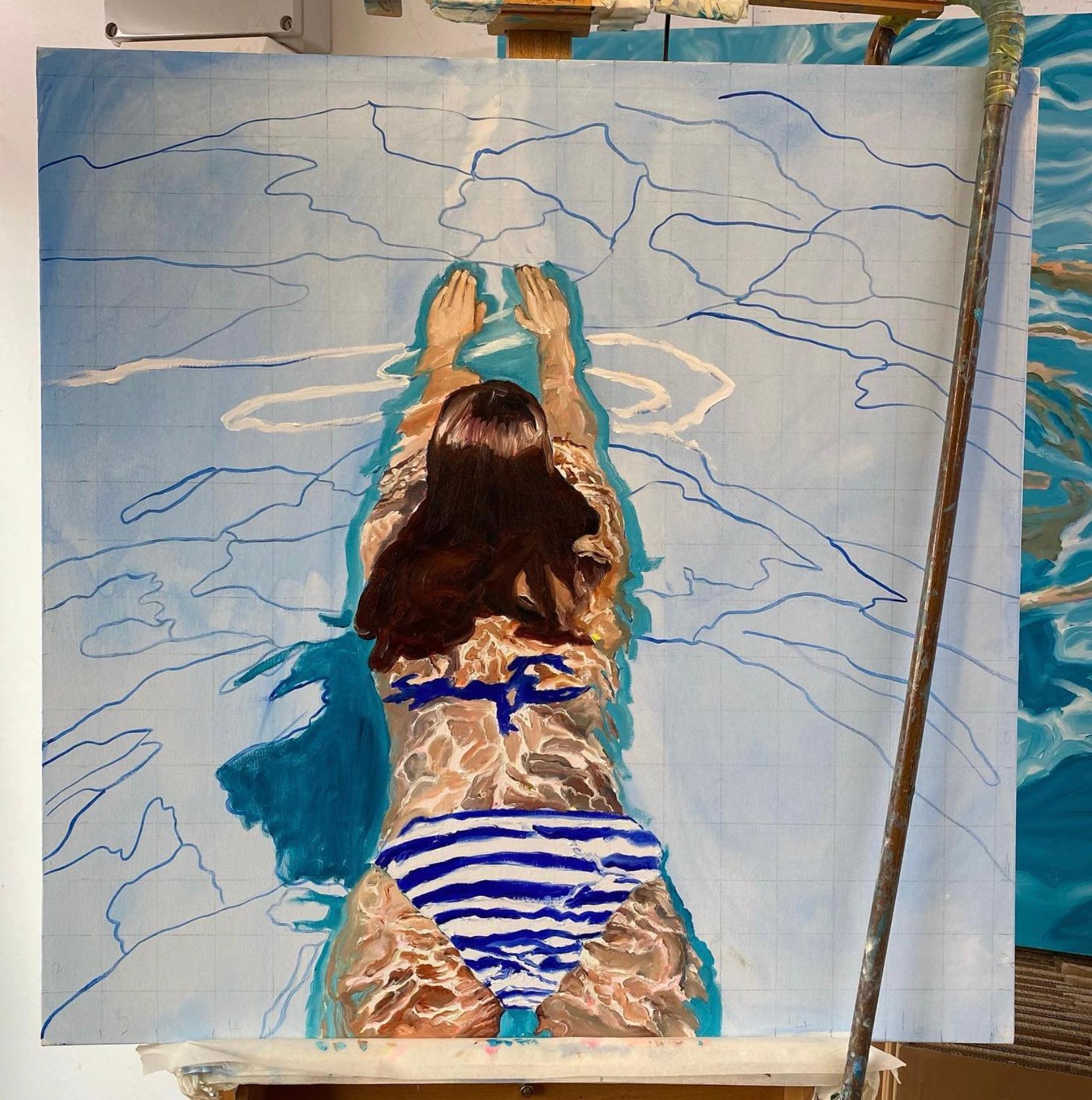 ''Eos'' Contemporary Underwater Portrait Painting, Girl Swimming in Pool For Sale 5