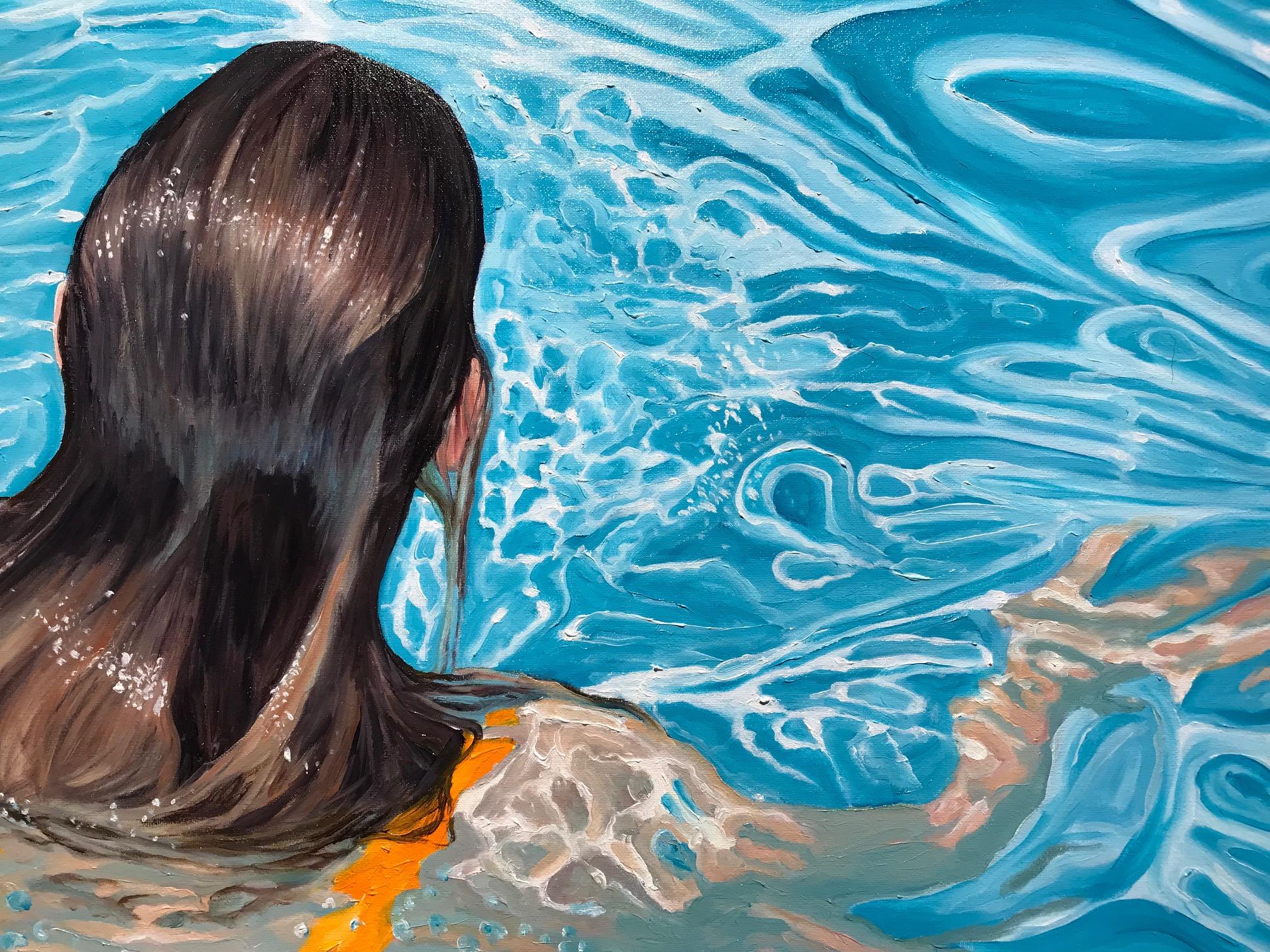 ''Erato'' Quadro di ritratto subacqueo contemporaneo, ragazza in piscina - Portrait Painting Blu di Amy Devlin