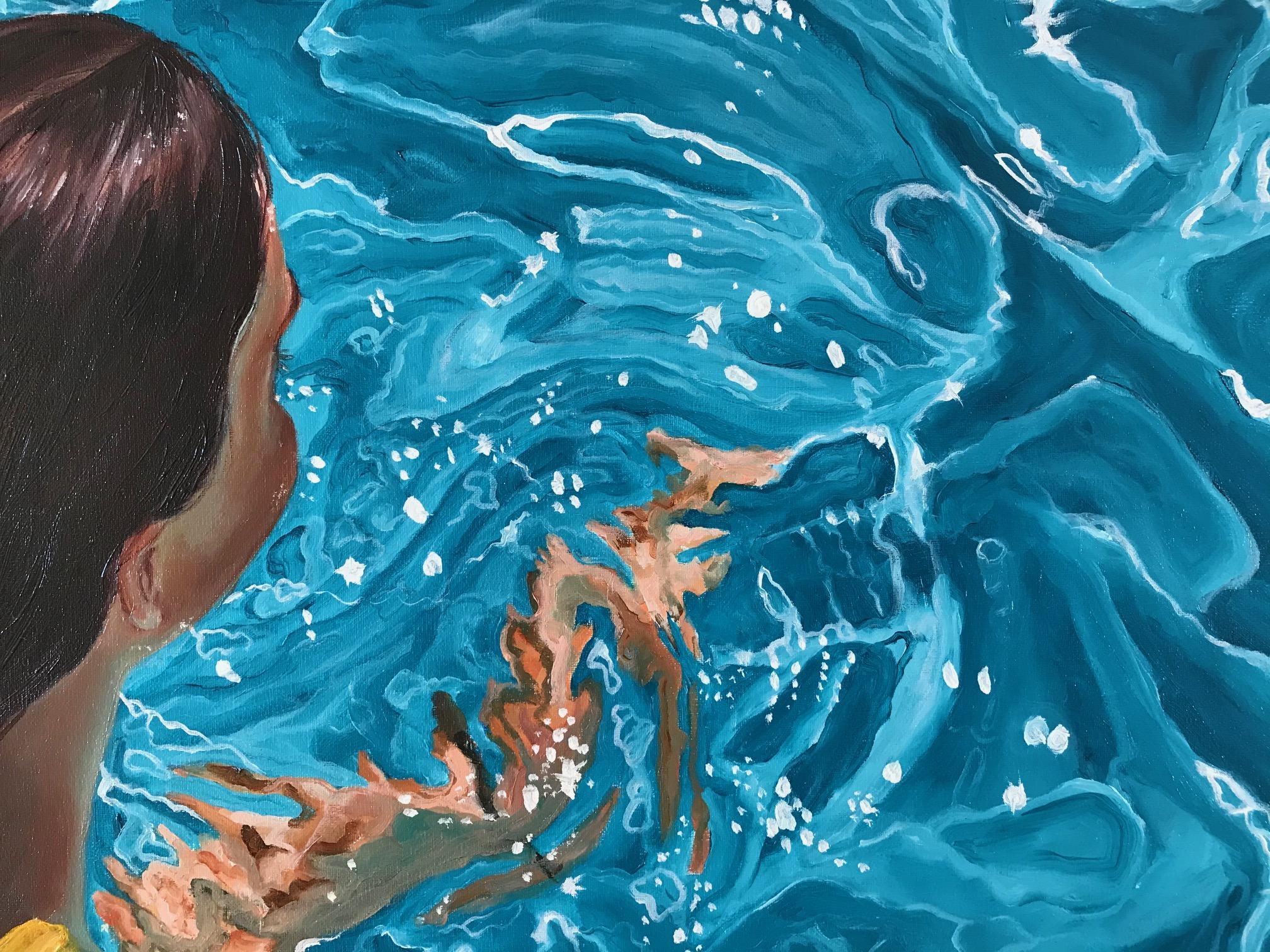''Hydra'' Contemporary Underwater Portrait Painting of a Girl in a Pool, Yellow 1