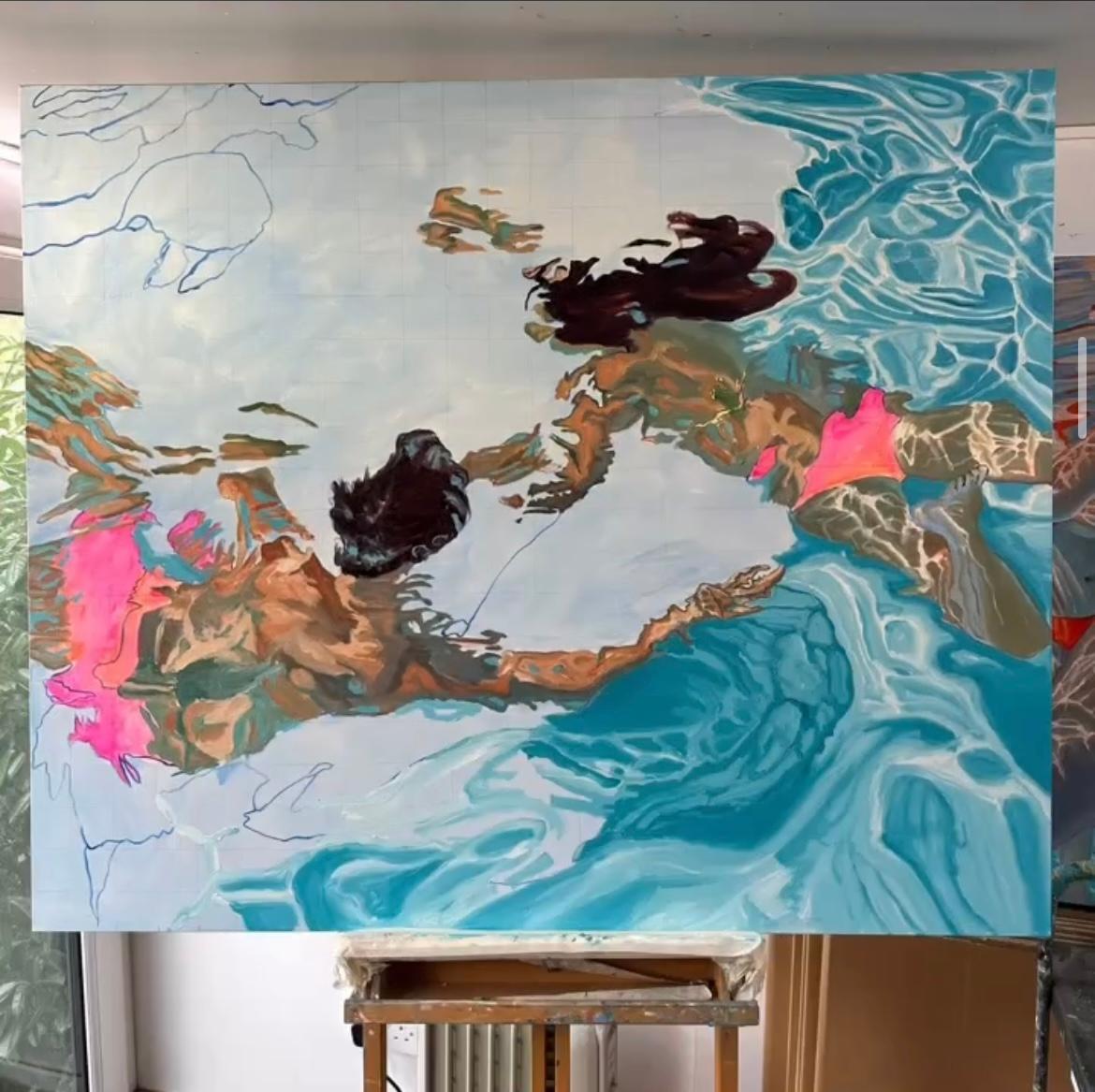 ''Poseidón y Anfitrite'' Pintura contemporánea de Chico y Chica en la Piscina en venta 5