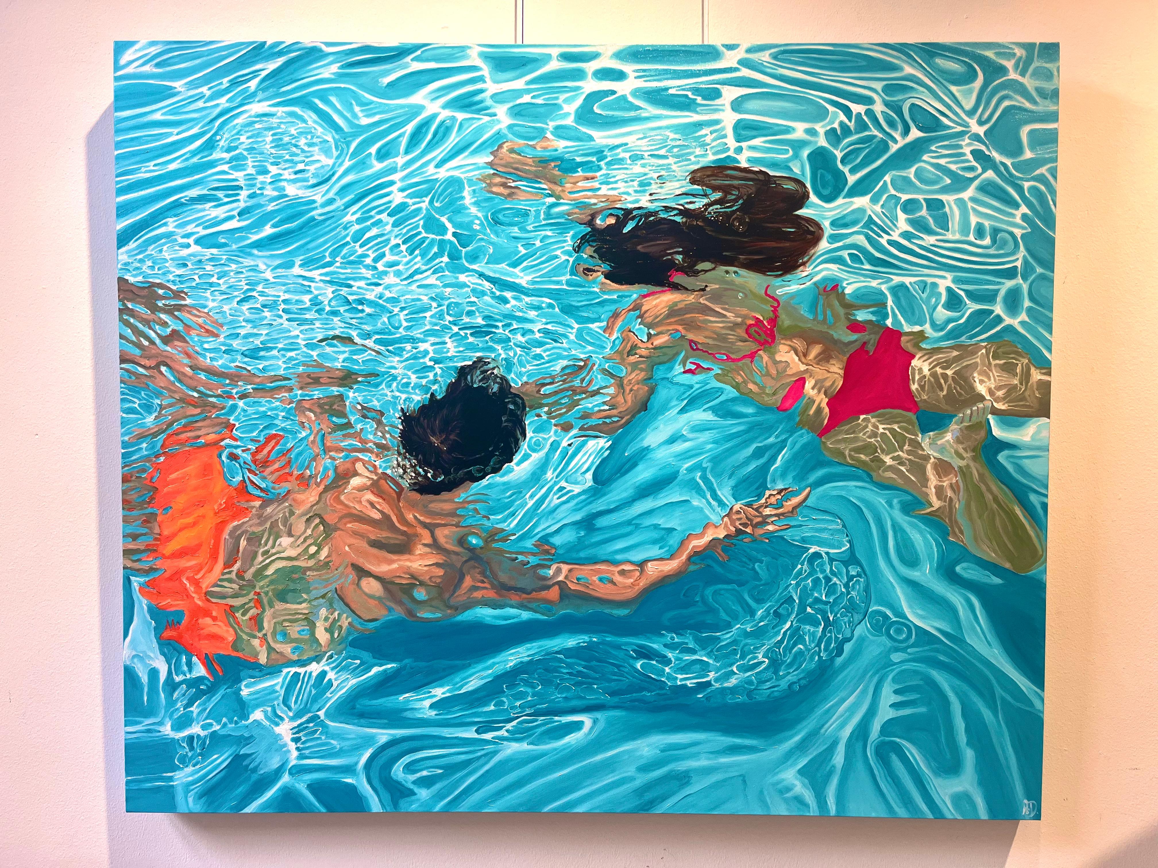 ''Poseidón y Anfitrite'' Pintura contemporánea de Chico y Chica en la Piscina - Painting de Amy Devlin