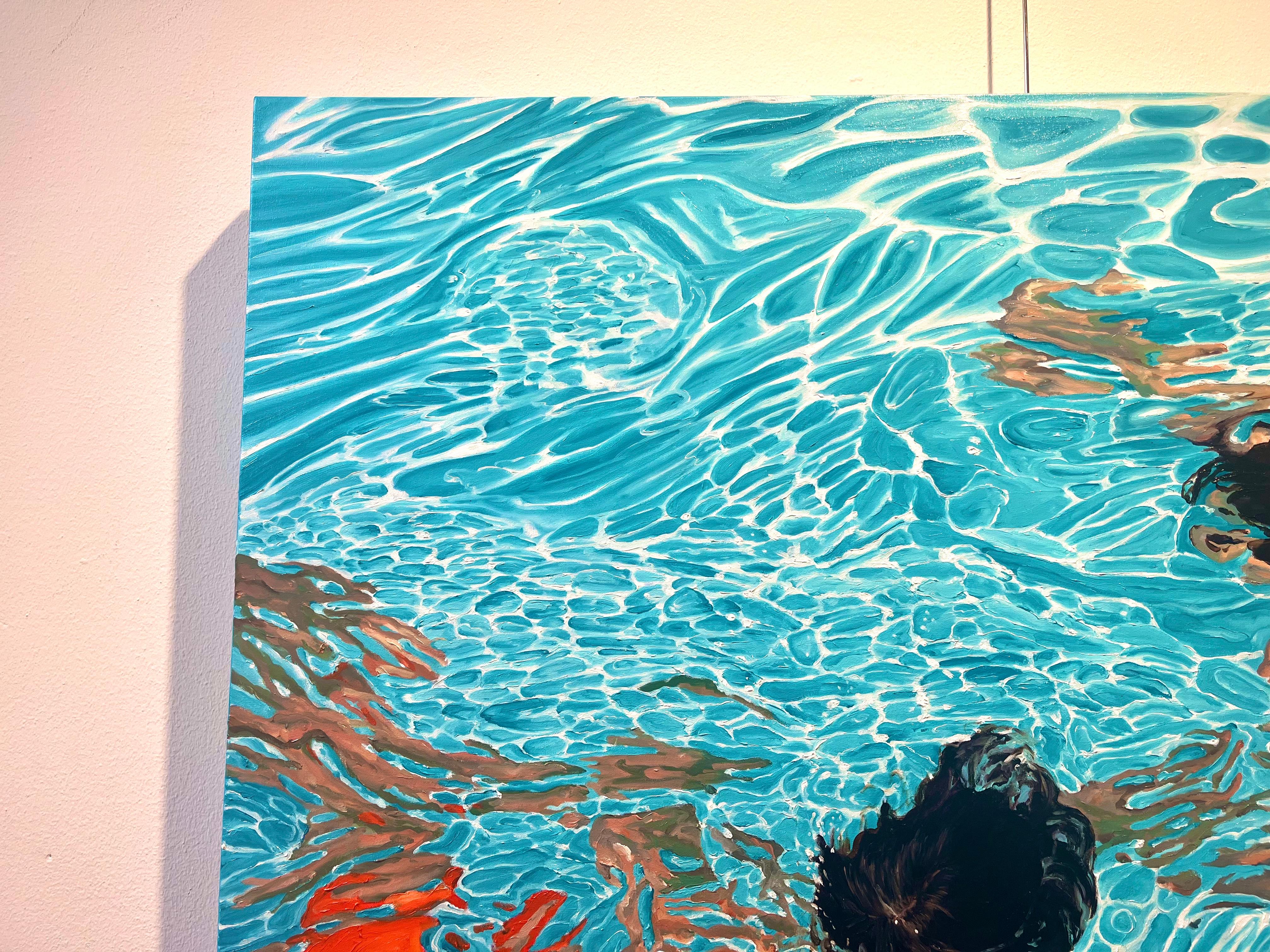 ''Poseidón y Anfitrite'' Pintura contemporánea de Chico y Chica en la Piscina - Painting Contemporáneo de Amy Devlin