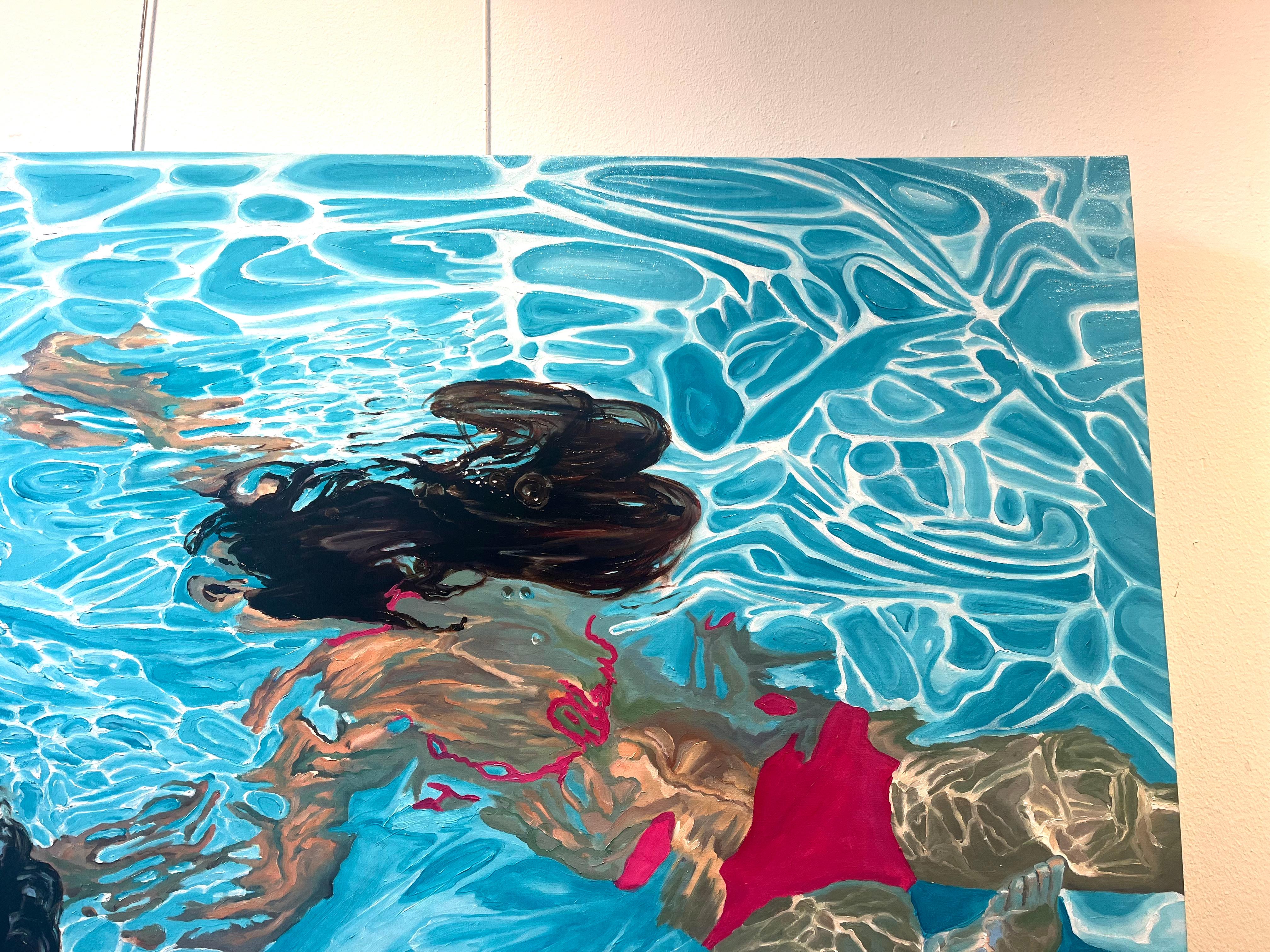 ''Poseidón y Anfitrite'' Pintura contemporánea de Chico y Chica en la Piscina - Portrait Painting Azul de Amy Devlin