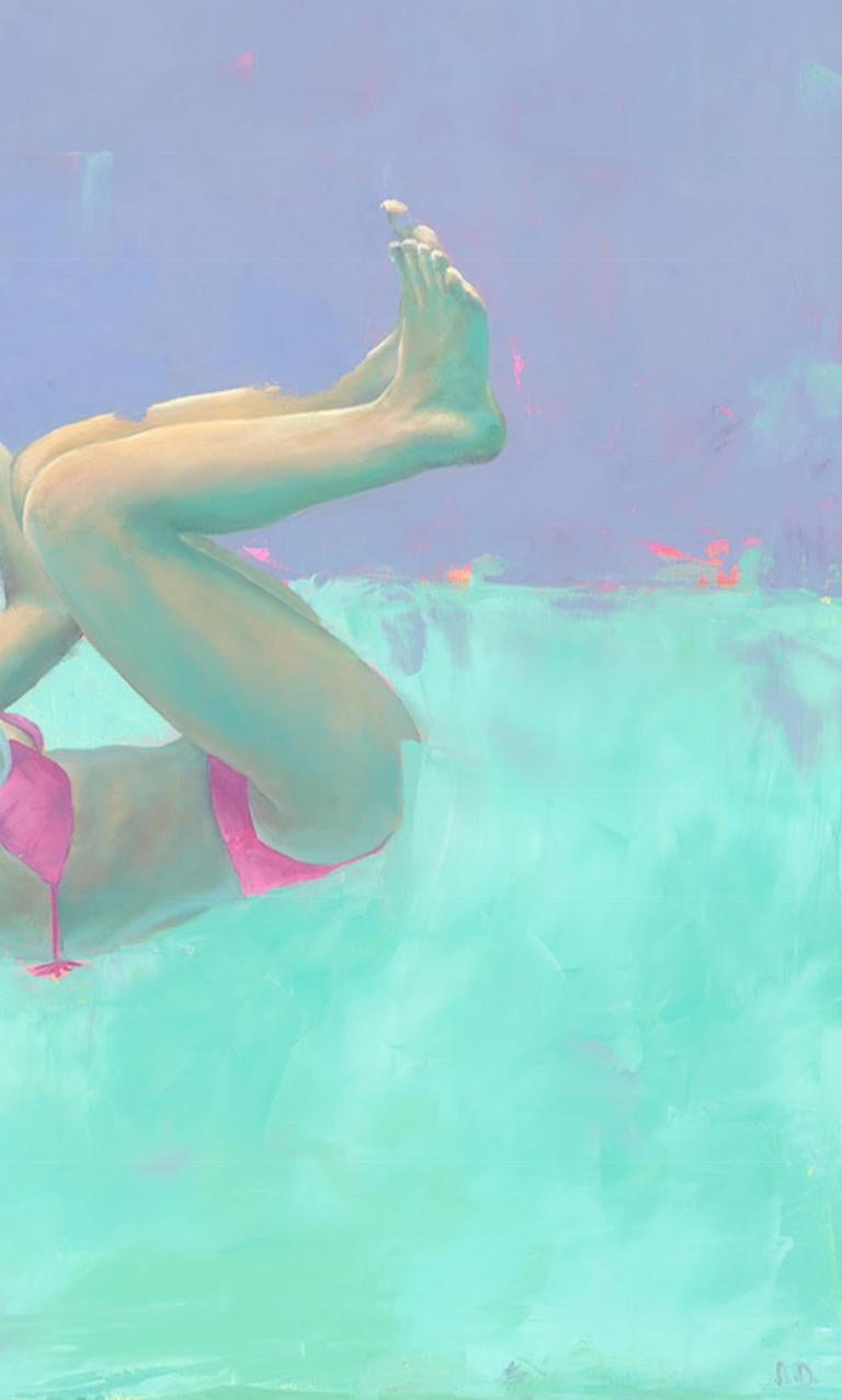 ''Spin 2'' Pintura Contemporánea de Retrato Submarino en Colores Neón - Figurative Painting Azul de Amy Devlin
