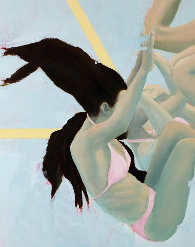 ''Spun'' Contemporary Underwater Portrait Painting in Neon Colors - Gray Figurative Painting by Amy Devlin