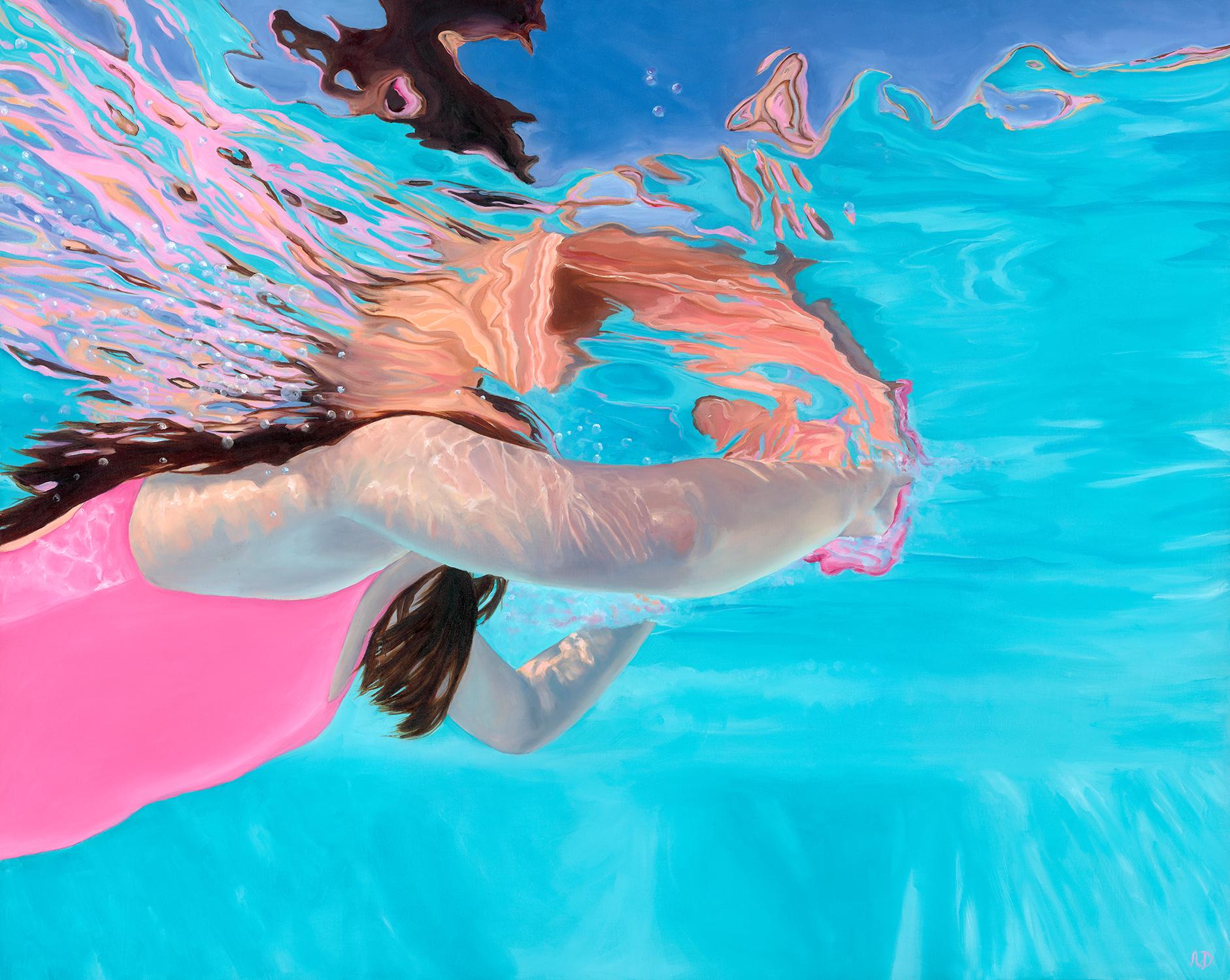 Amy Devlin Figurative Painting - ''Surface Light'' Contemporary Underwater Portrait Painting in Neon Colors