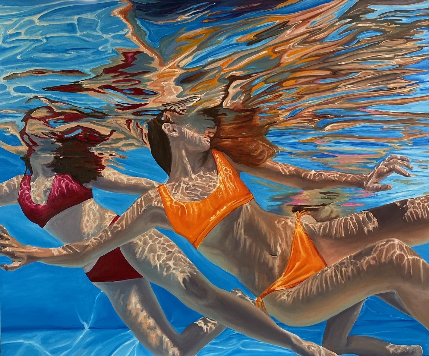 Amy Devlin Figurative Painting - ''The Keres'' Contemporary Underwater Portrait Painting of Girls Swimming, Pool