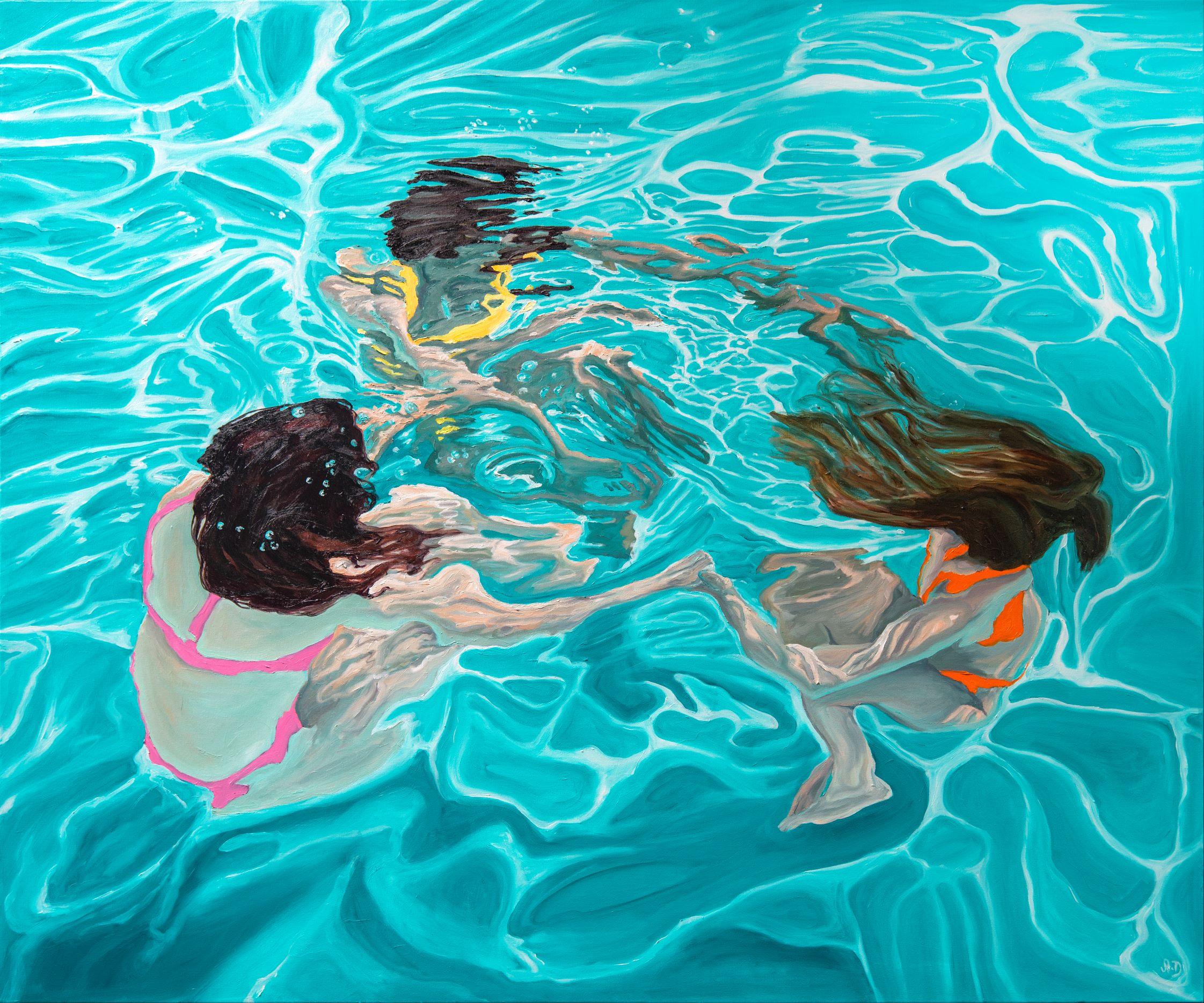 Figurative Painting Amy Devlin - The Nymphs" peinture contemporaine de portrait sous-marin, filles dans la piscine