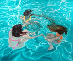 ''The Nymphs'' Contemporary Underwater Portrait Painting, Girls in Pool
