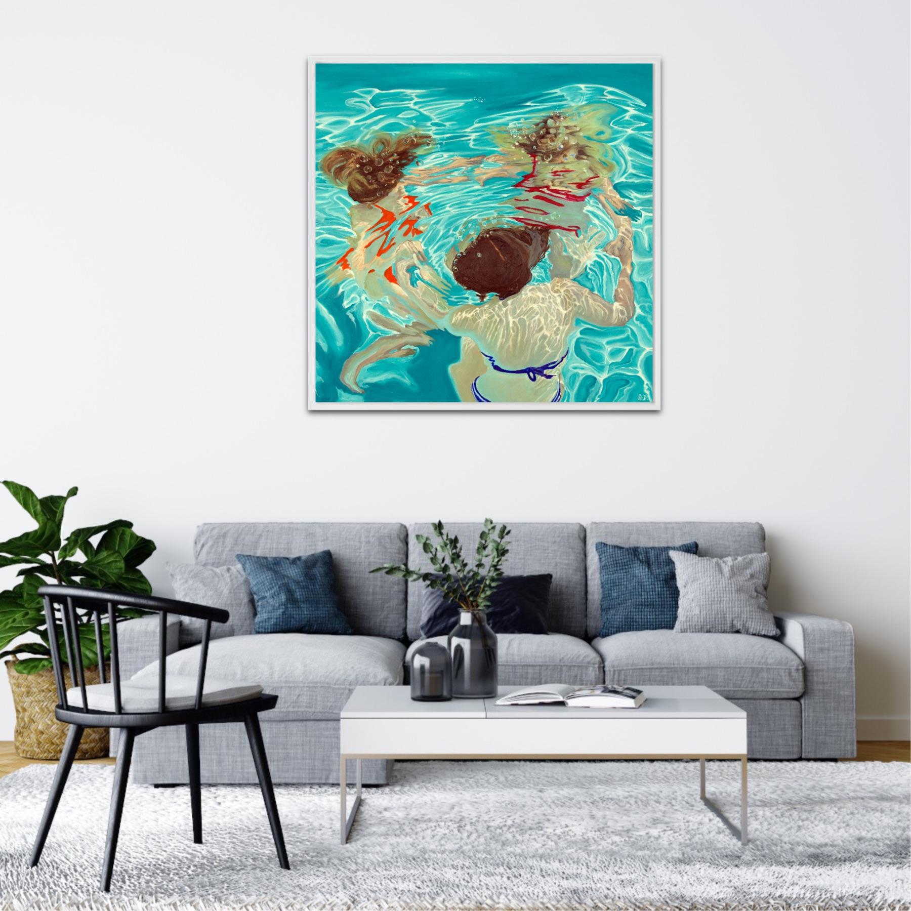 Las Tres Gracias (Sumergidas), Pintura original, Paisaje, Natación, Mujer en venta 3