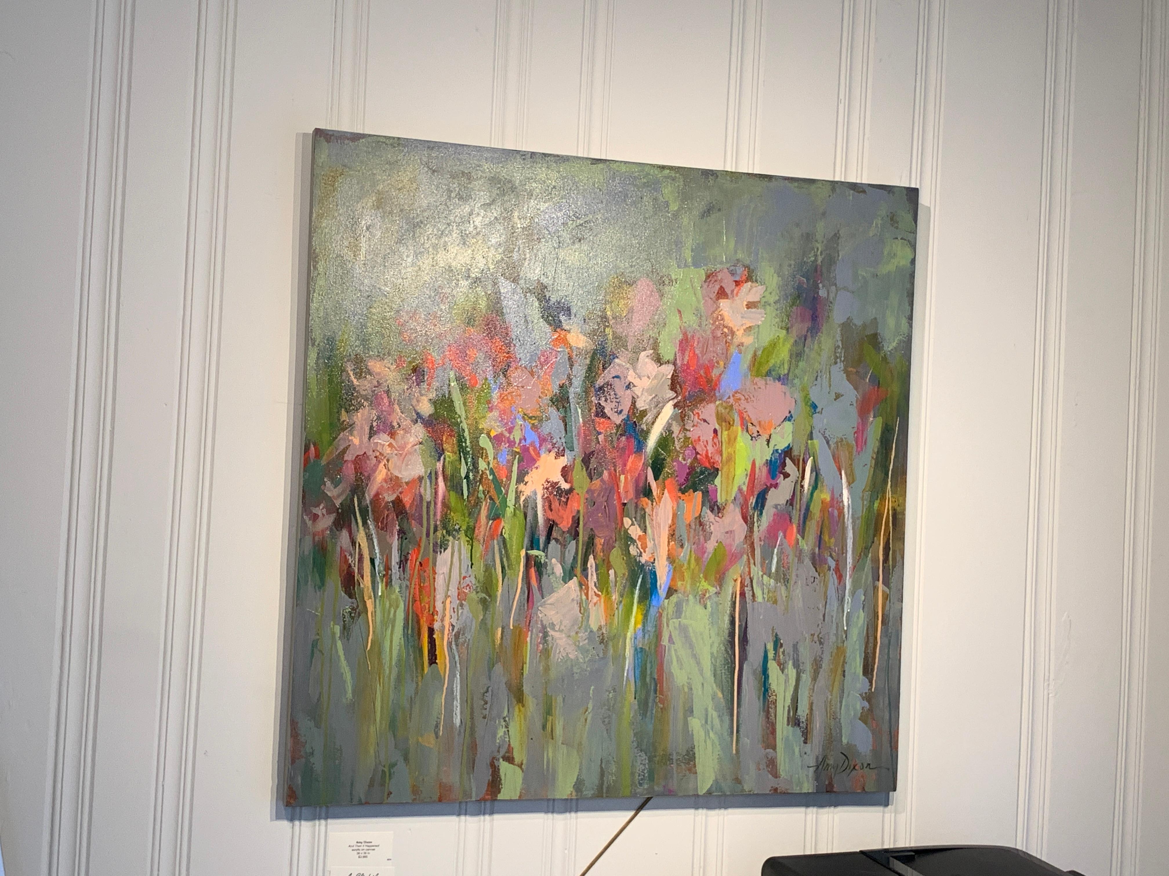 This gorgeous abstract floral by Amy Dixon is entitled 'And then it Happened.'  With a beautiful, vibrant palette the artist has miraculously incorporated a variety of colors that might not normally be paired, creating a harmonious palette, no easy