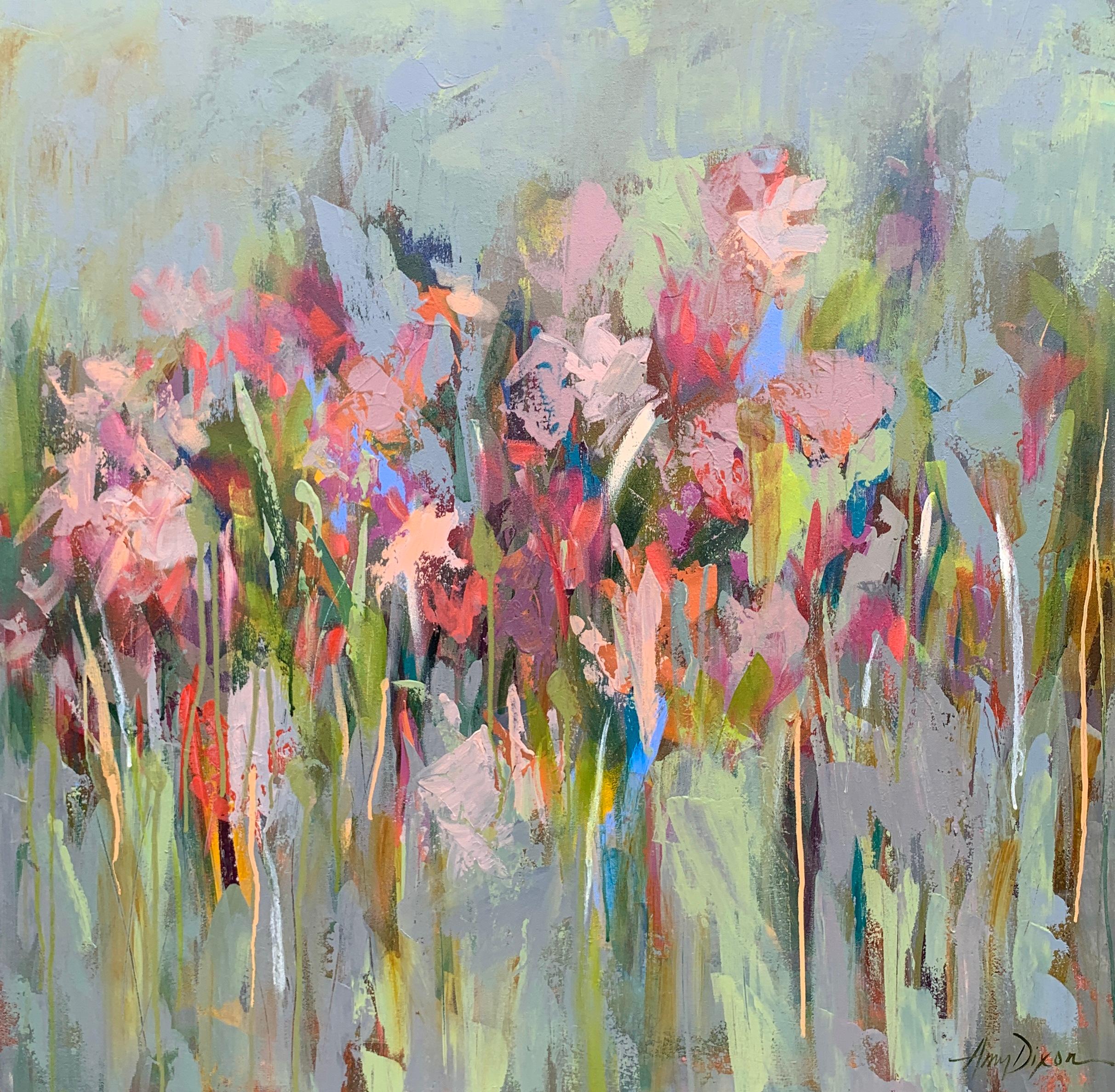 Amy Dixon Abstract Painting - 'And then it Happened" Large Square Abstract Floral on Canvas