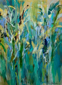 Breeze of Blue di Amy Dixon, quadro verticale astratto floreale su tela in blu