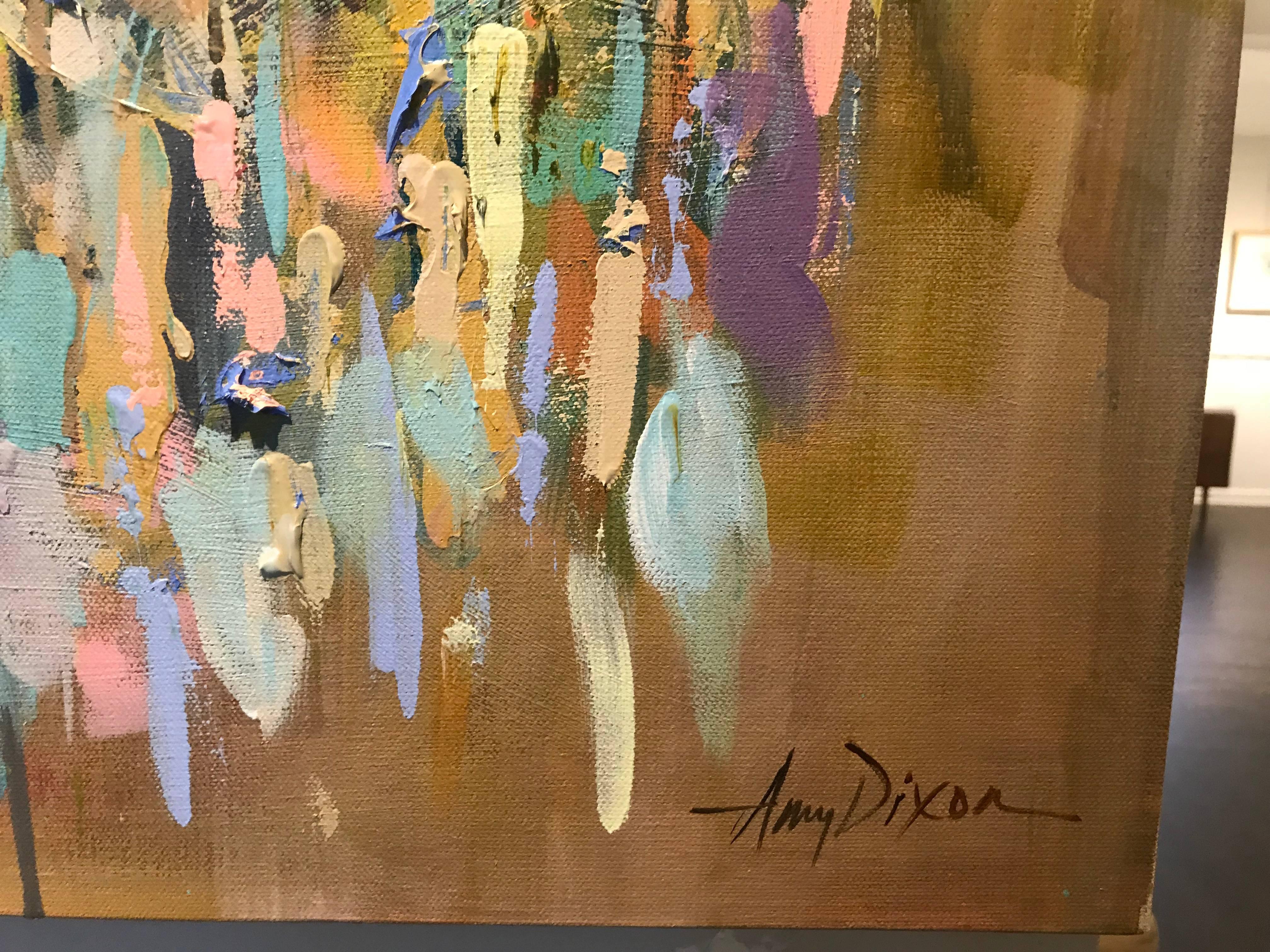 'Chandelier Degas' is a vertical format Post-Impressionist mixed media on canvas painting created by American artist Amy Dixon in 2018. This piece features an exquisite crystal chandelier lit on a neutral tan background that allows its colors to