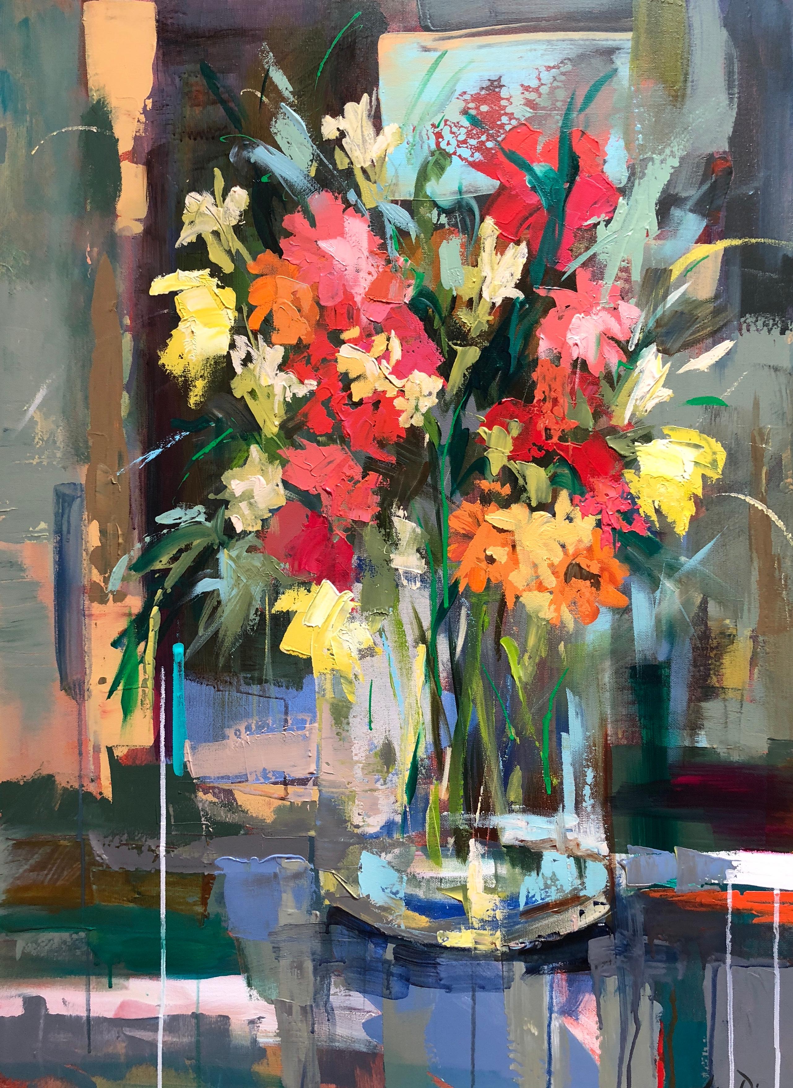 Ferry Building Flower Market, is a vertical acrylic on canvas abstract floral still-life painting created by American artist Amy Dixon in 2018. Featuring a vibrant palette made of a variety of colors such as red, orange, yellow, blue, green and