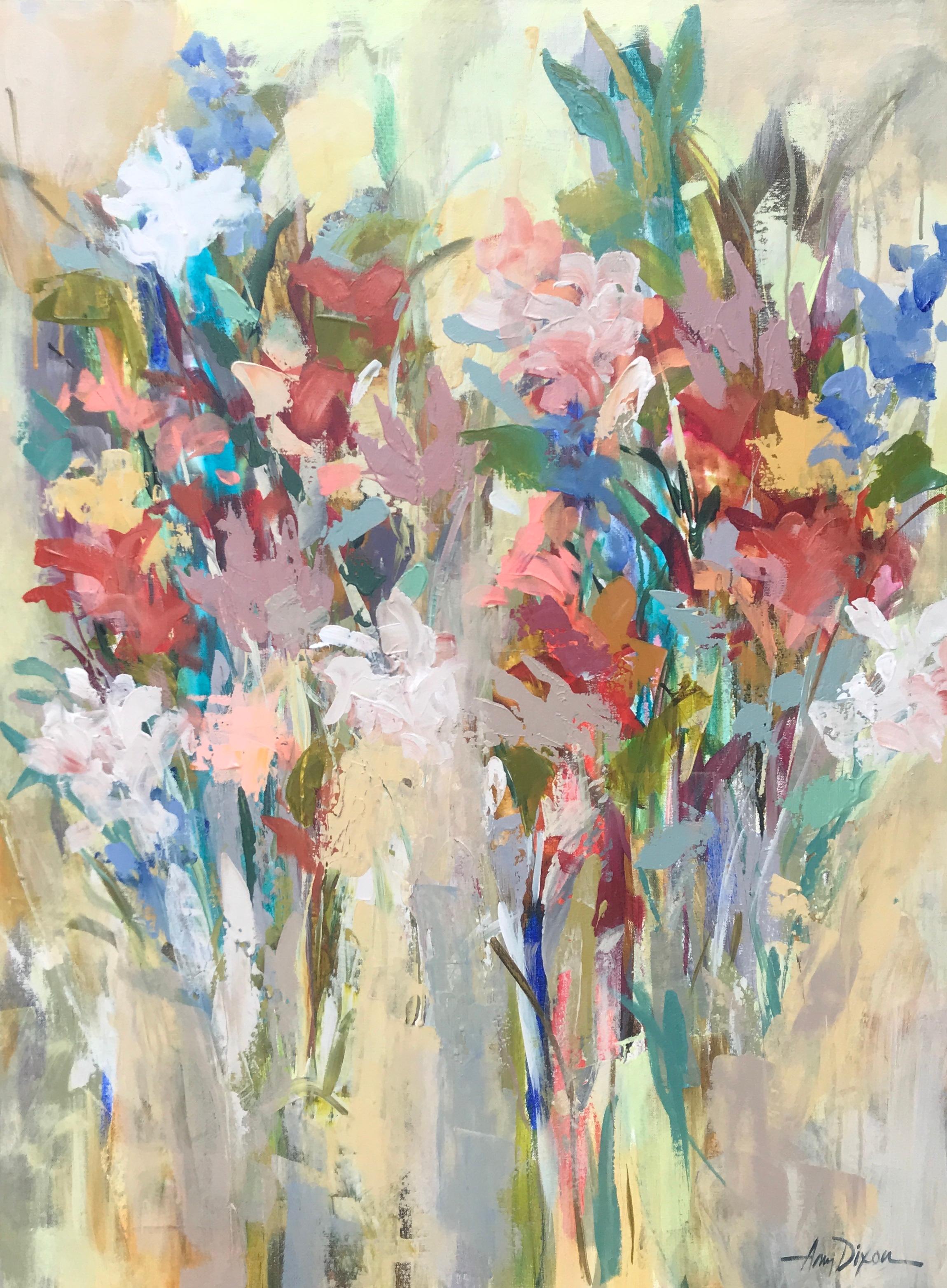 'Fleurs de Marché' is a 2018 floral still-life acrylic on canvas painting created by American artist Amy Dixon. Featuring a vibrant depiction of a bouquet of flowers that was purchased on a French outdoors market, the painting exudes a contagious