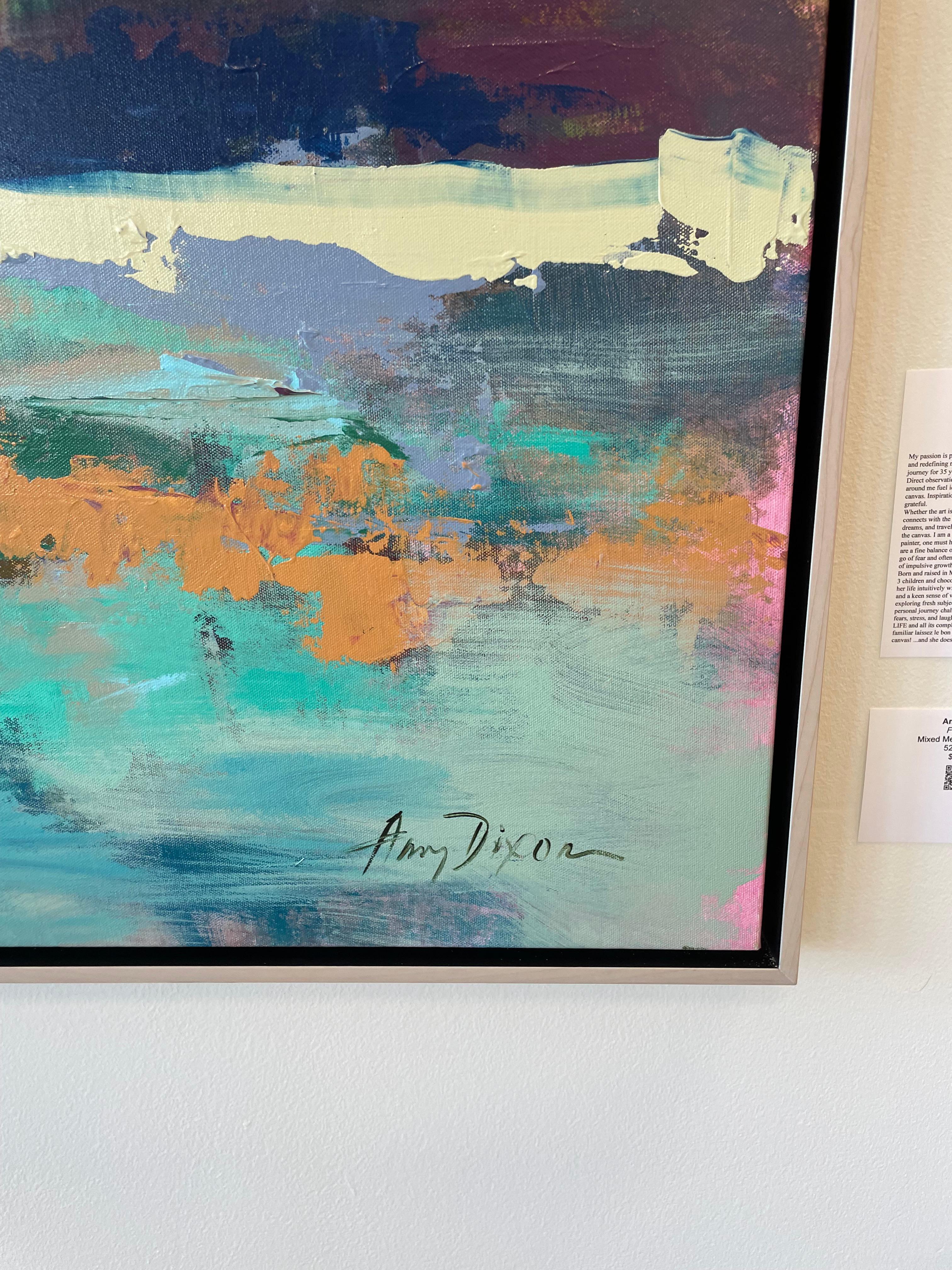The abstract, multimedia work by Amy Dixon is approximately 52 x 63 inches, and is priced at $7,950. Dixon's signature in on the lower right corner of the painting. 