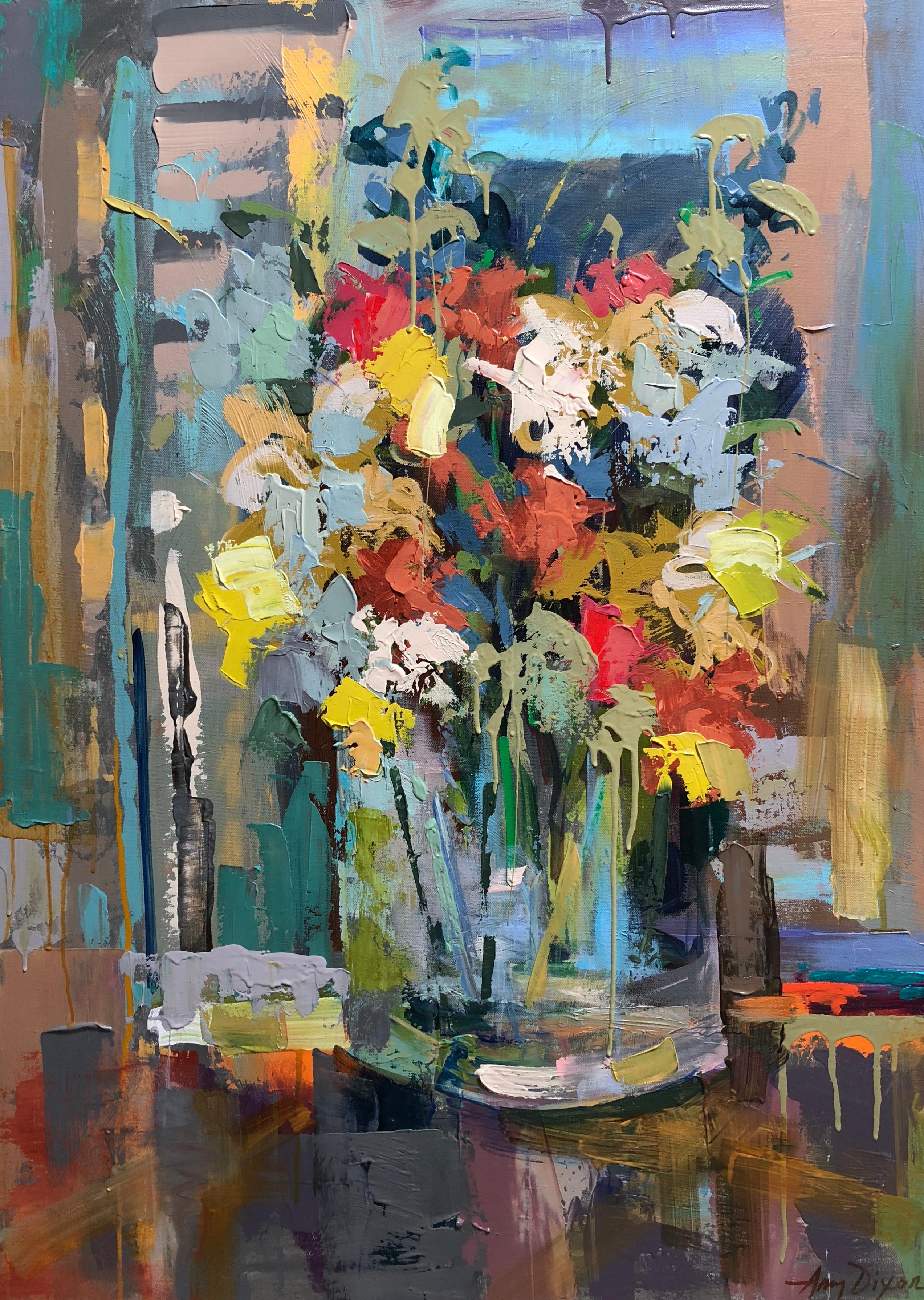 'Fringe of Fall' is a vertical acrylic on canvas abstract floral still-life painting created by American artist Amy Dixon in 2018. Featuring a vibrant palette made of a variety of colors such as red, yellow, orange, blue, green and purple, this