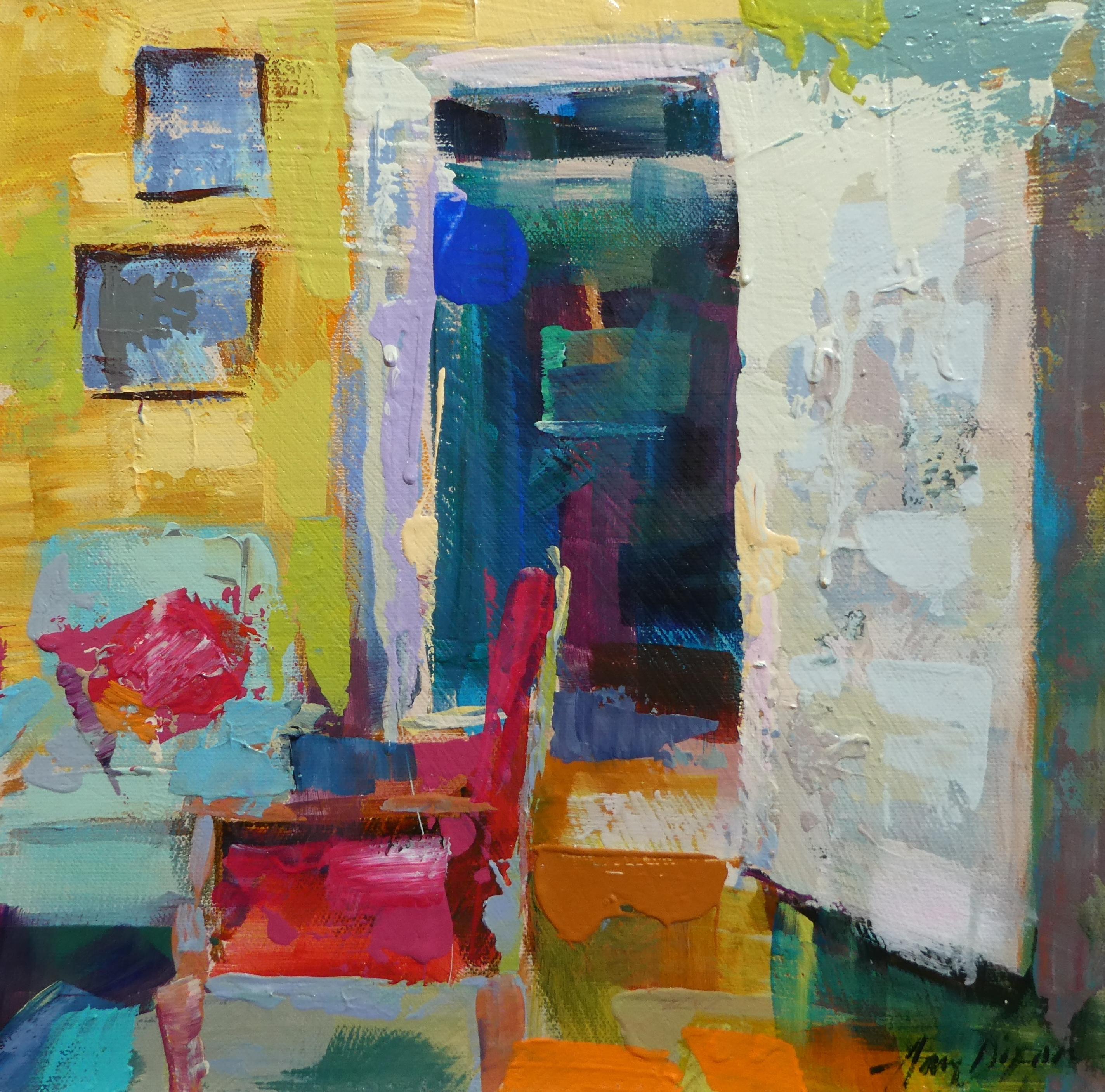 Her She Shed di Amy Dixon è un'accattivante pittura a tecnica mista di 12 x 12 pollici, piena di energia gioiosa e di colori espressivi. Una celebrazione della creatività femminile e del rifugio, questa vibrante composizione astratta è