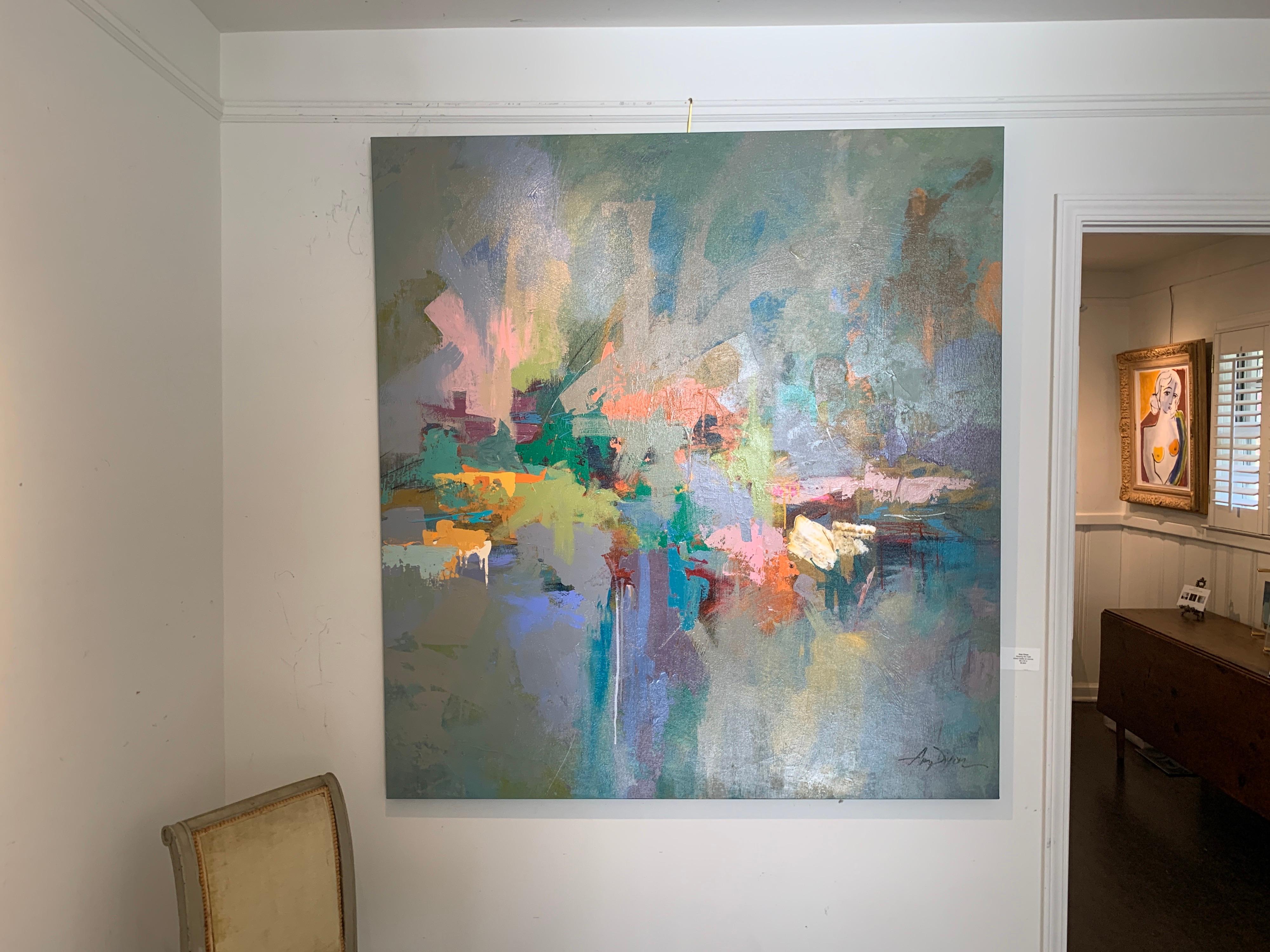 'Keeping the Faith' is an abstract acrylic and ink on canvas painting created in 2021 by American artist Amy Dixon. Featuring a square format, this painting showcases a palette made of a variety of colors that include greens, turquoises and burnt