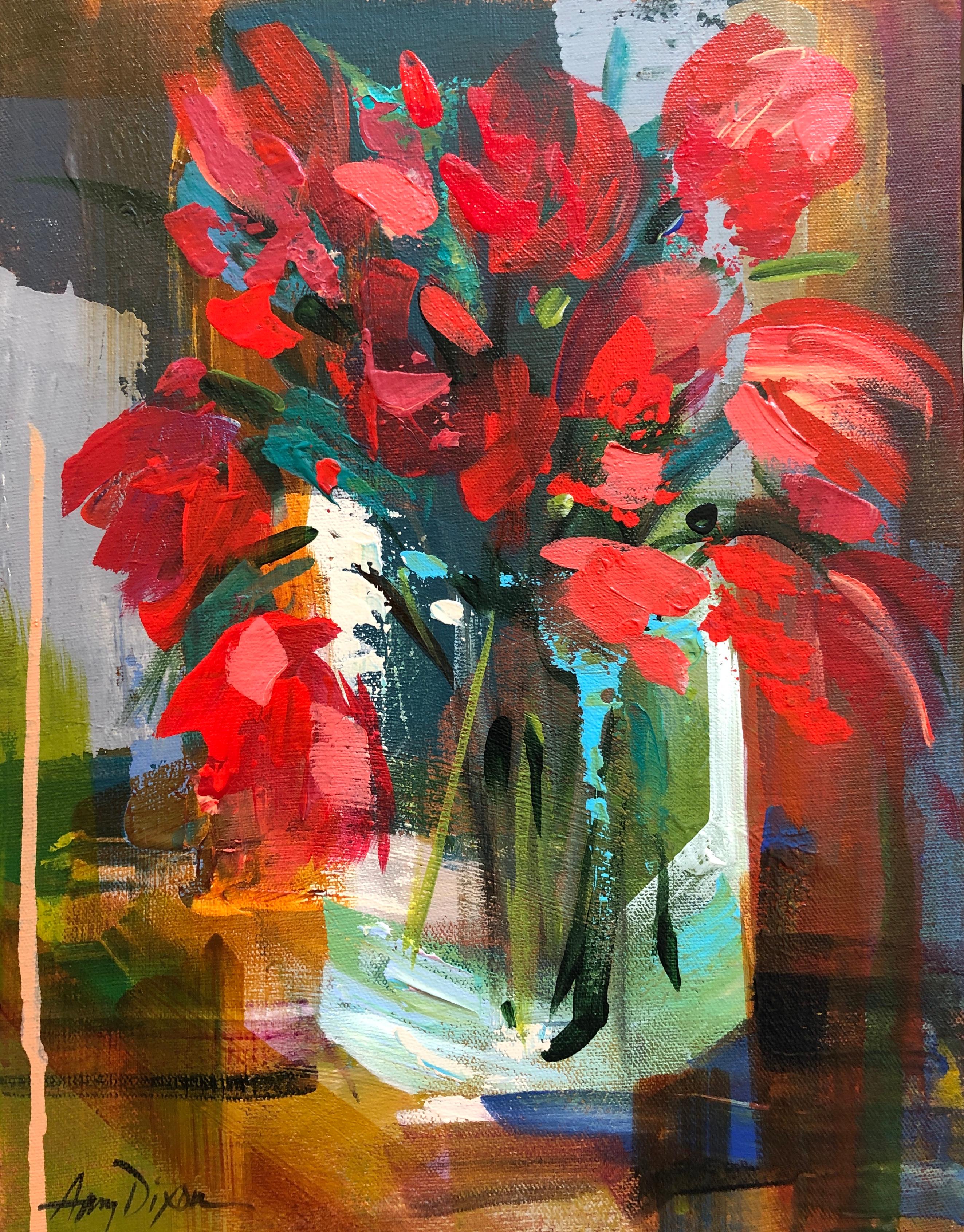 'Key to Her Heart' is a small abstracted acrylic on canvas floral painting of vertical format, created by American artist Amy Dixon in 2019. Featuring a vivid palette made of red, green, ochre and blue colors, this petite painting depicts a lovely