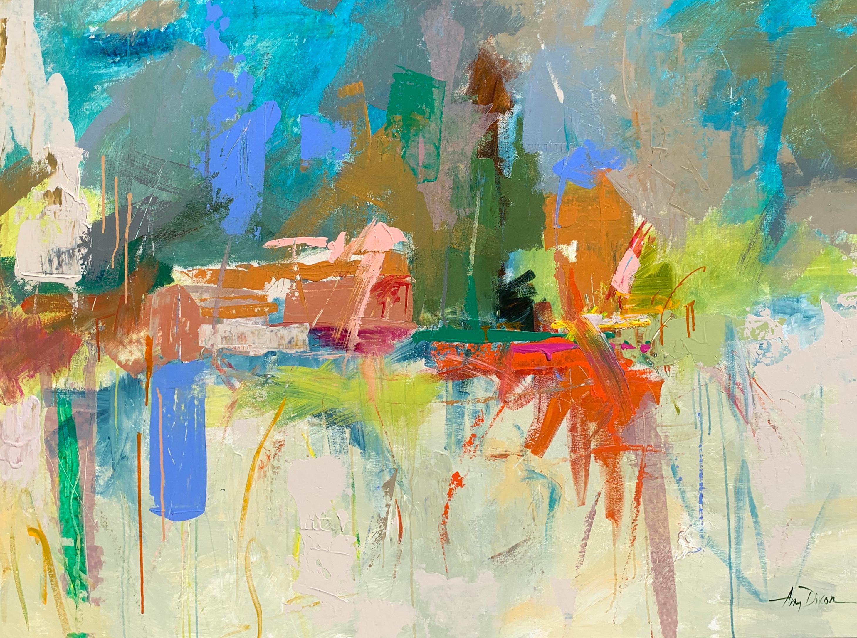 'Let There Be Light' is an abstract acrylic and ink on canvas painting created in 2020 by American artist Amy Dixon. Featuring a horizontal format, this painting showcases a palette made of a variety of colors that include greens, turquoises and