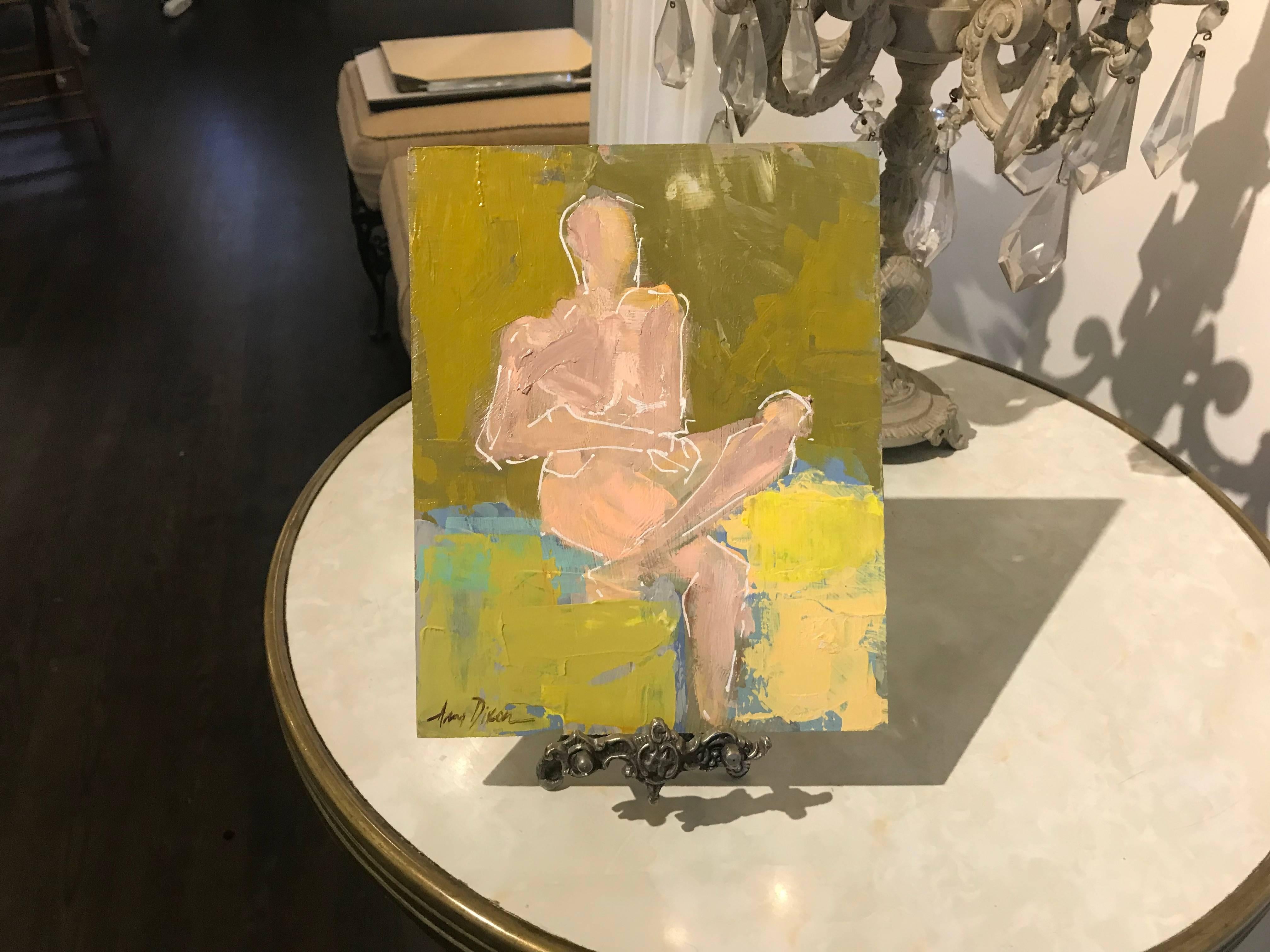 Mind Reader, Small Size Acrylic on Board Abstract Nude Painting - Beige Figurative Painting by Amy Dixon
