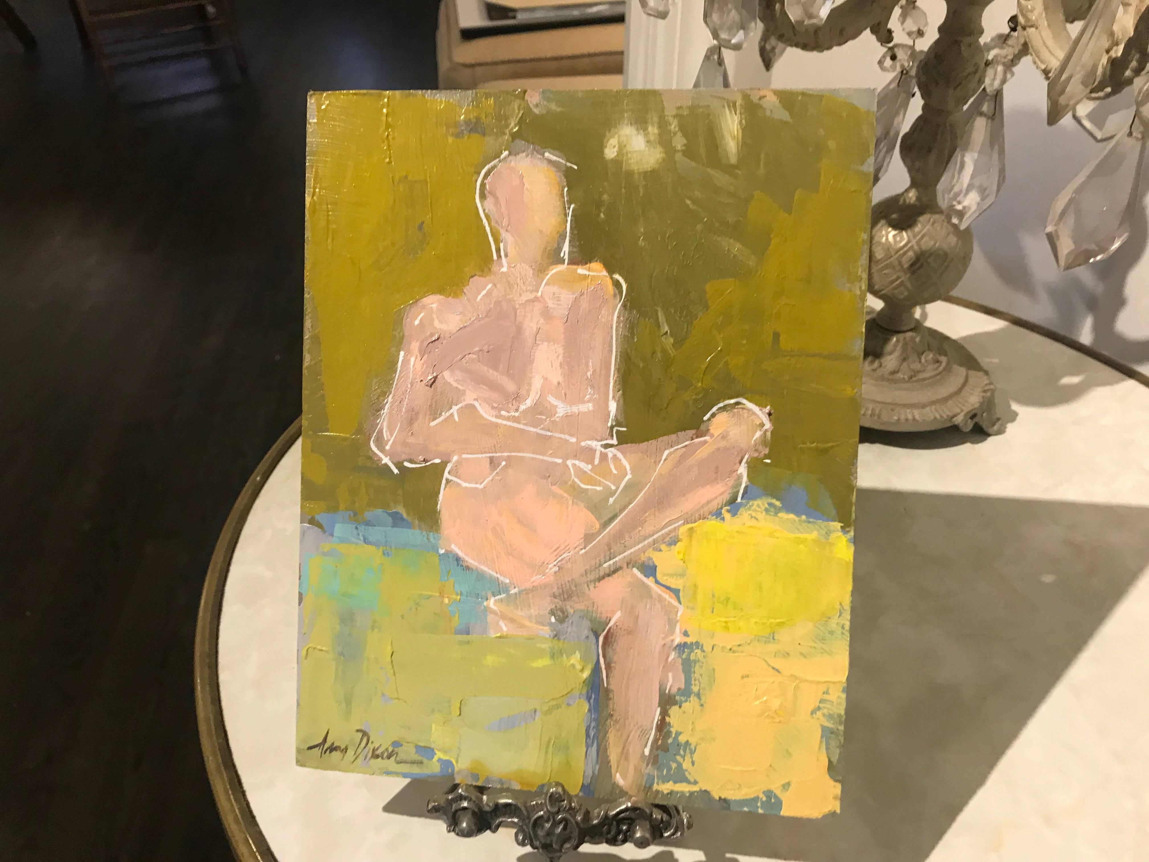 'Mind Reader' is a petite abstract acrylic on board nude painting created by Colorado-born artist Amy Dixon in 2018. A vibrant background, made of a variation of green and yellow pure tones, allows the subject of the painting to stand out