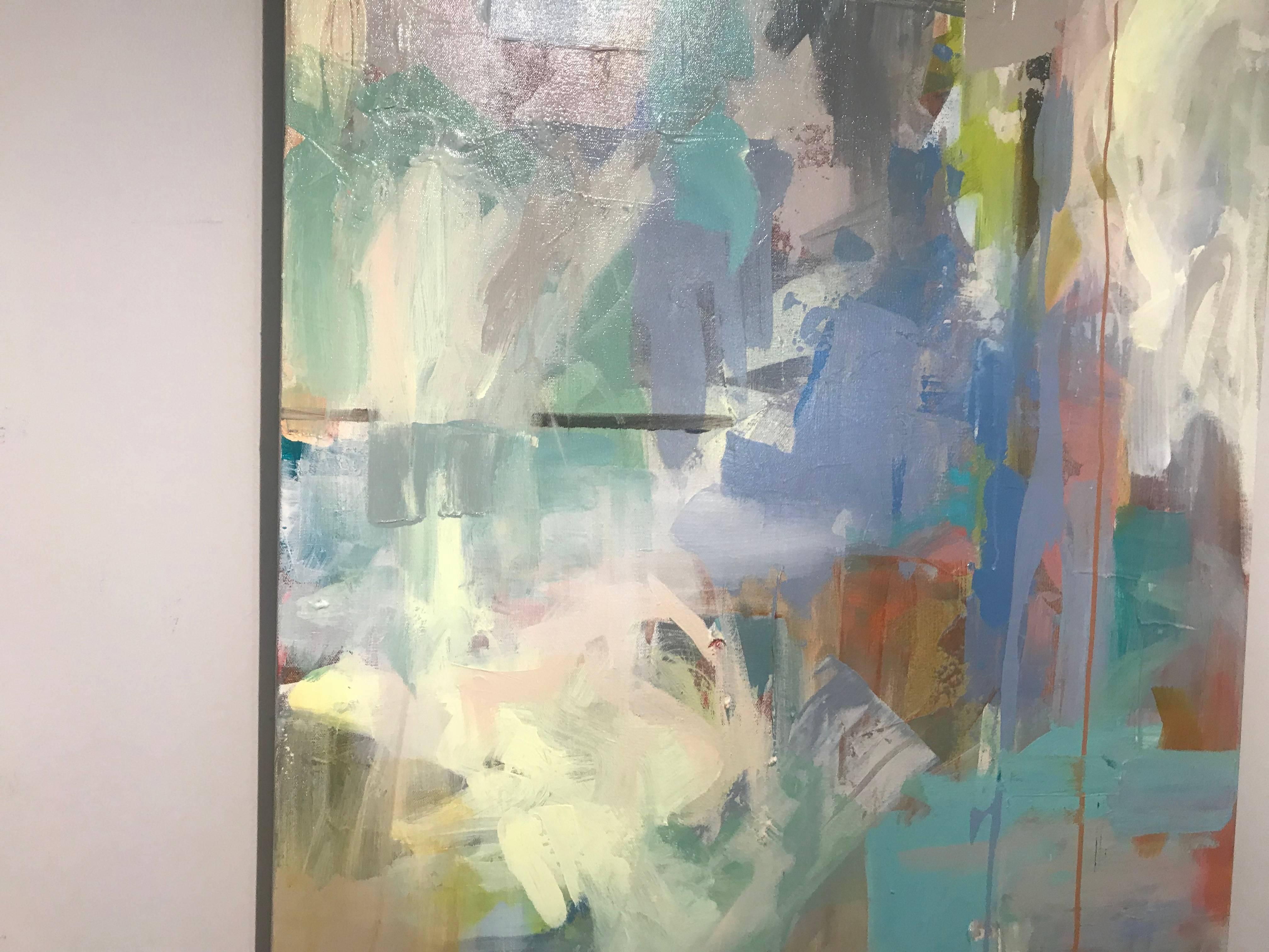 'Mindful II' is a vertical format acrylic and ink on canvas abstract painting created by American artist Amy Dixon in 2018. Turquoise, grey, green and light yellow are some of the colors that enliven the composition. Unframed, this abstract piece is