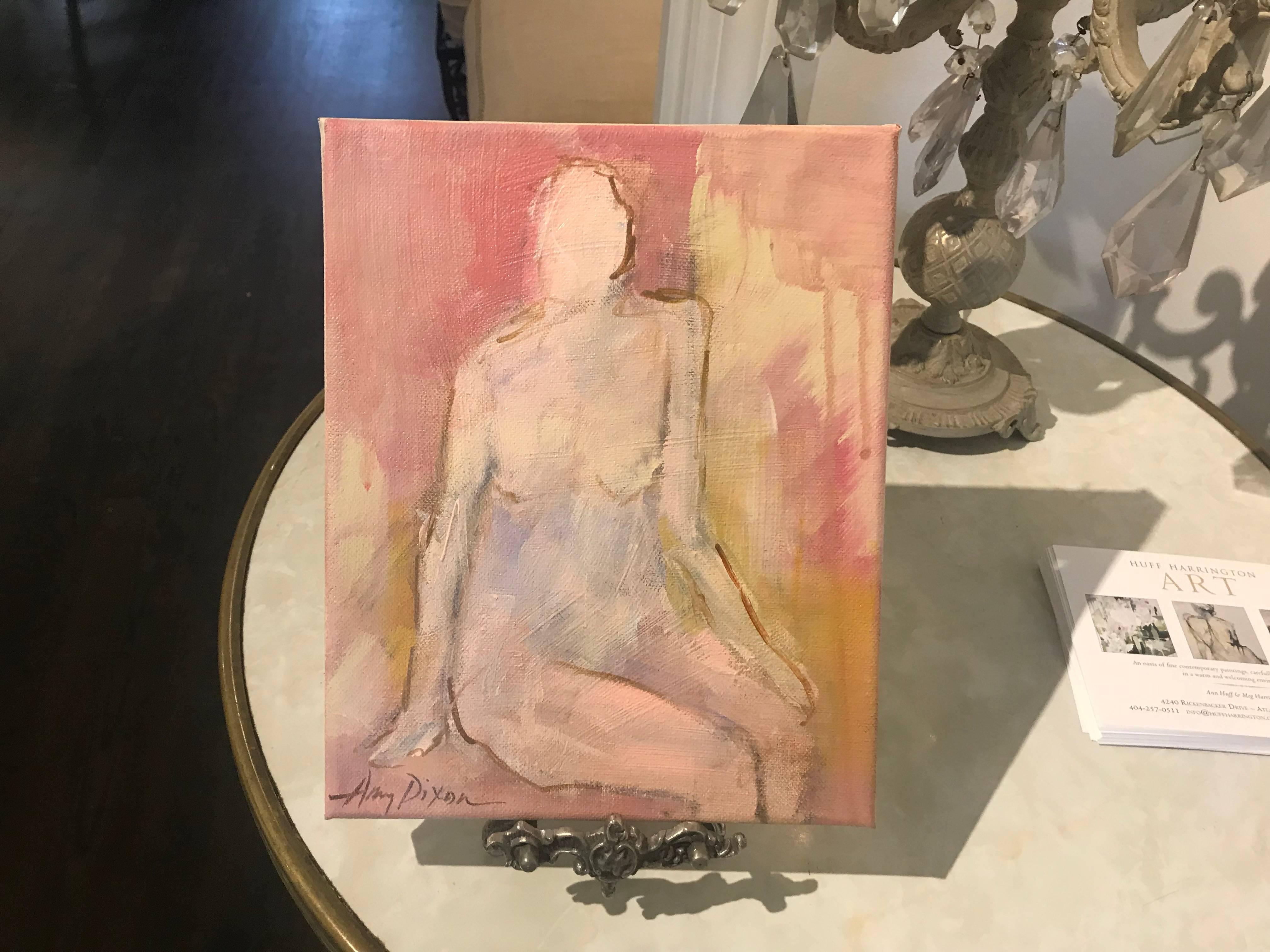 'Pink and Poised' is a small size acrylic on canvas abstract nude painting created by Colorado-born artist Amy Dixon in 2018. This sweet painting features a palette made mostly of pink tones, accented by orange, purple and yellow touches. A nude