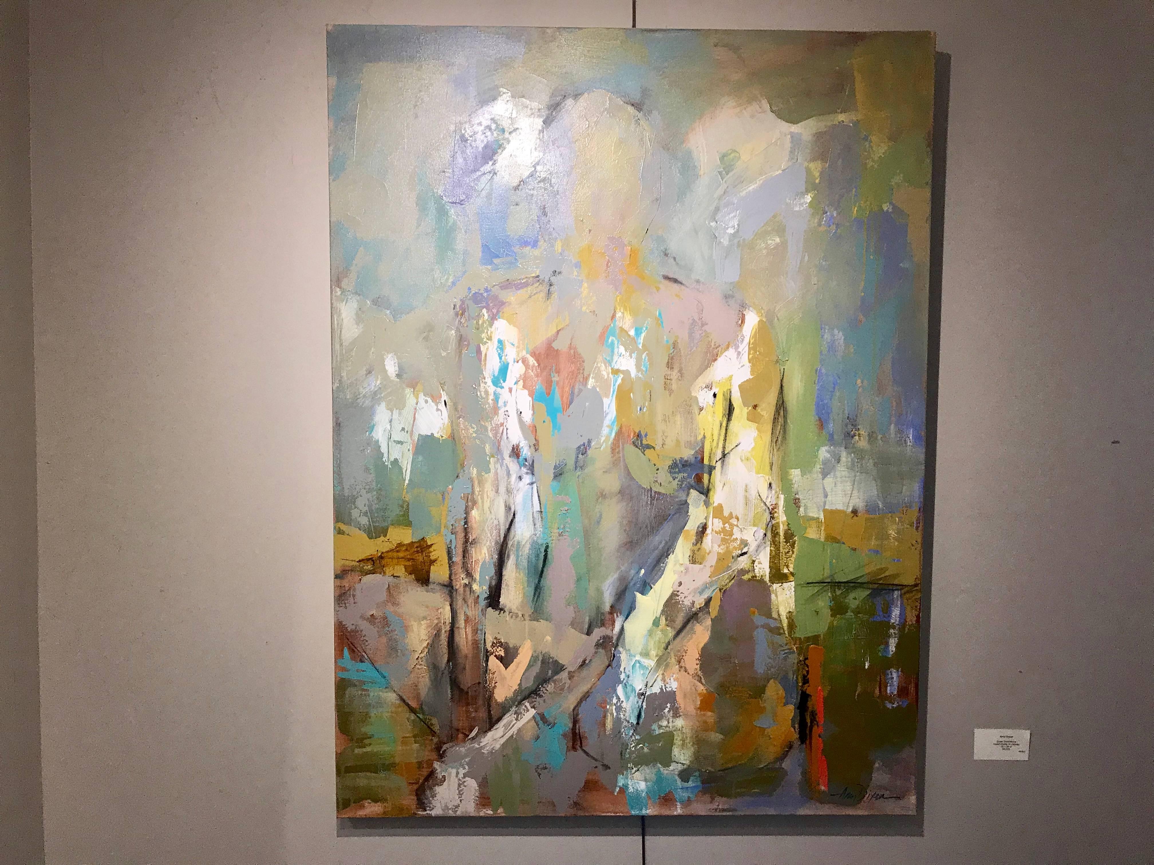 'Quiet Confidence' is a large format abstract mixed media on canvas painting created in 2018 by Colorado-born artist Amy Dixon. Featuring a soft palette made of tans, turquoise and soft blue tones, accented by orange, brown and pink touches, this