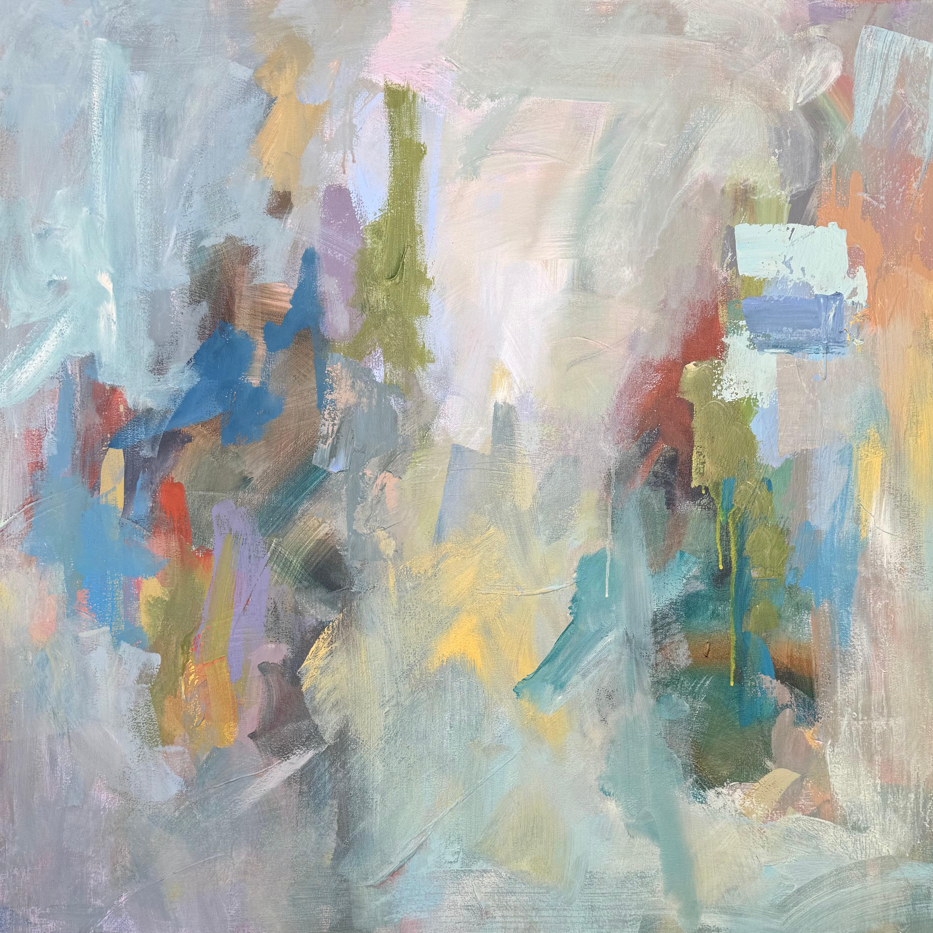 A masterful abstract painting by the well known contemporary artist Amy Dixon,Summer in Italy No. 3 is a soft and fluid rendition of a beautiful kaleidoscope of pastels. This square pieces boasts a unique palette made up of mint green, blue, yellow,