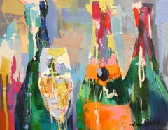 Triple tostada de Amy Dixon,  Bodegón abstracto Botella de champán Pintura en lienzo